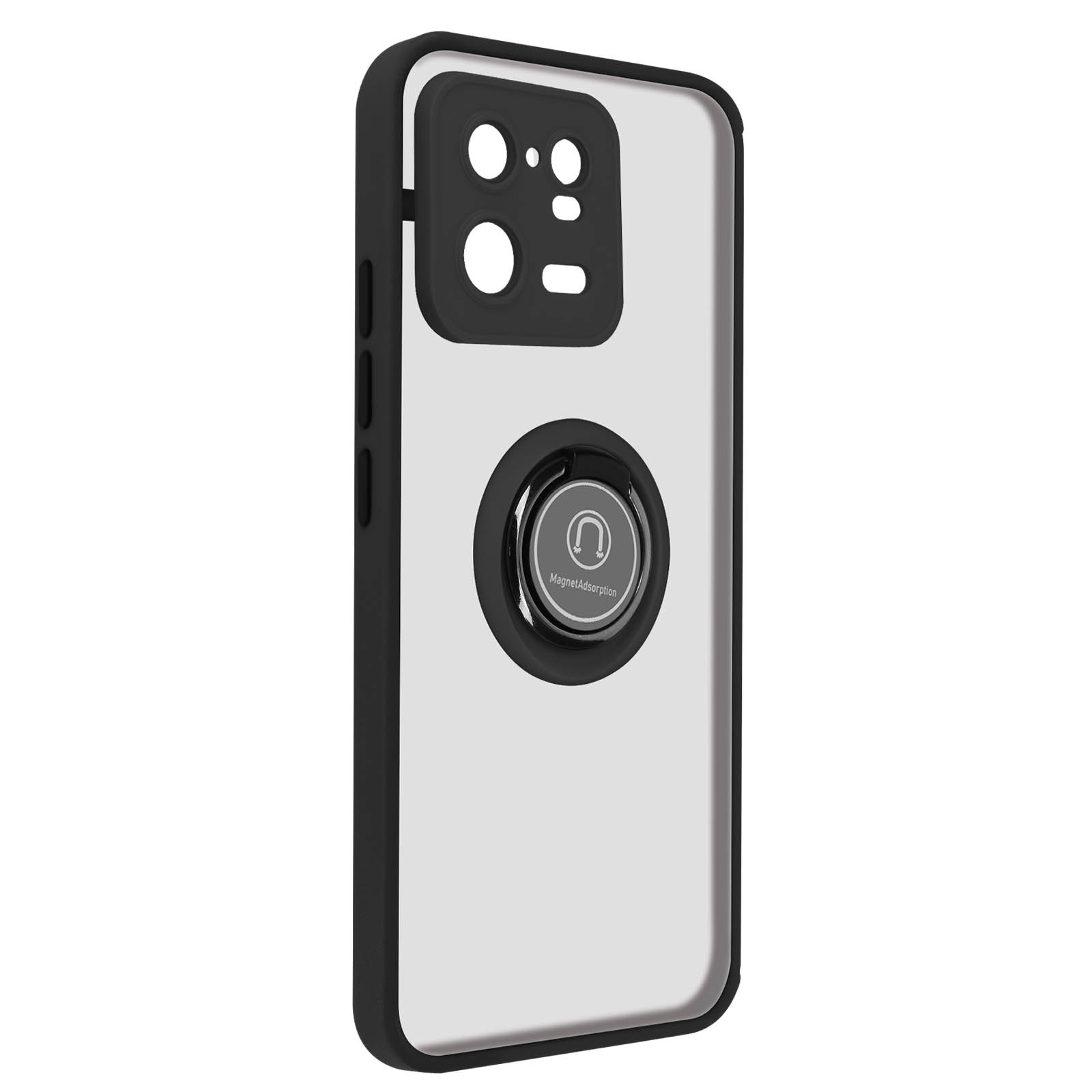 Custodia per telefono, retro e anello. L'anello dice 'MagnetAdsorption'. Custodia nera, retro bianco e anello nero.