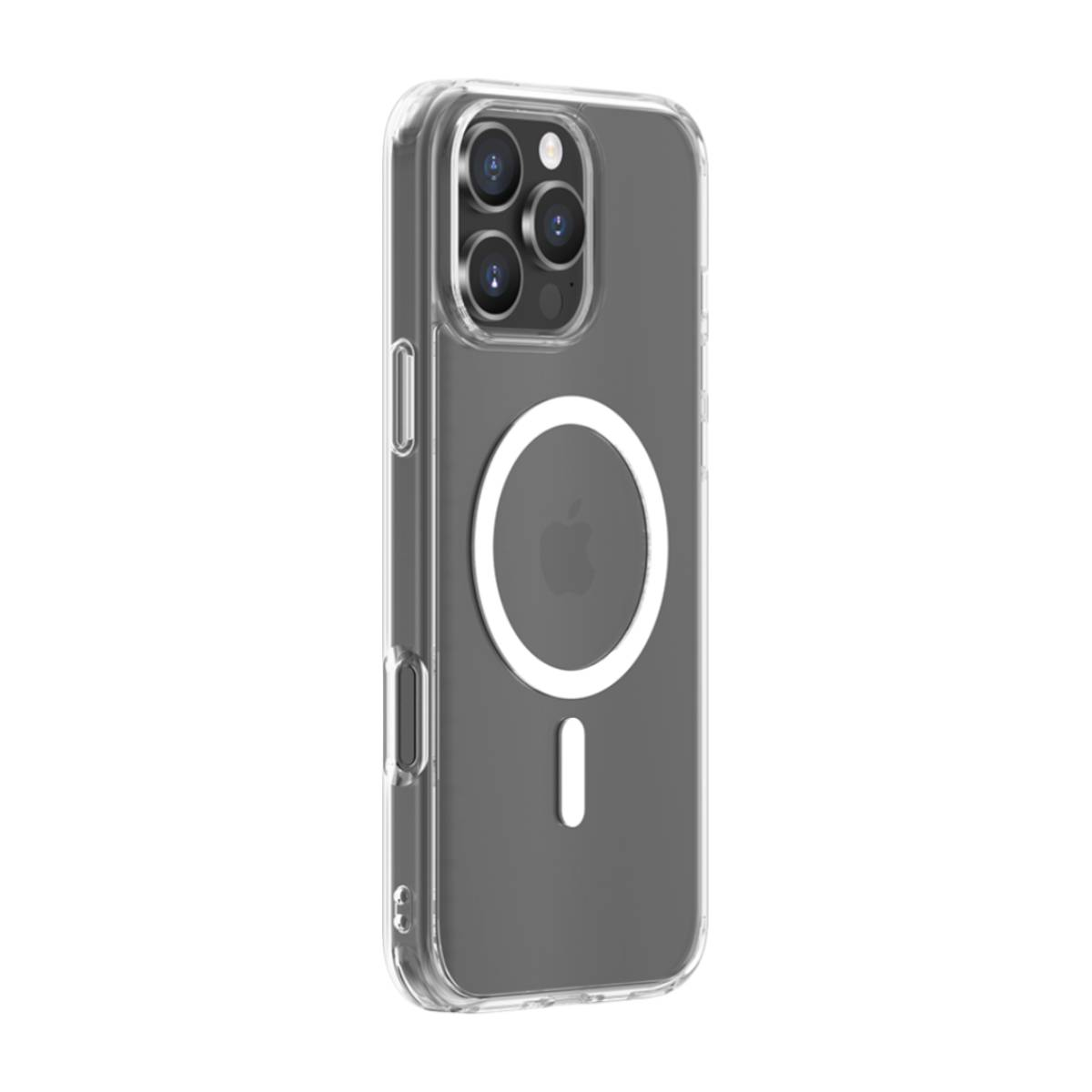 Custodia trasparente per telefono con un'area magnetica circolare nera e un'icona di ricarica magnetica.