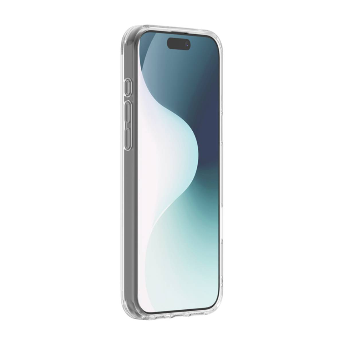 Custodia trasparente con telefono all'interno, che mostra lo schermo. La custodia è trasparente, su sfondo bianco.