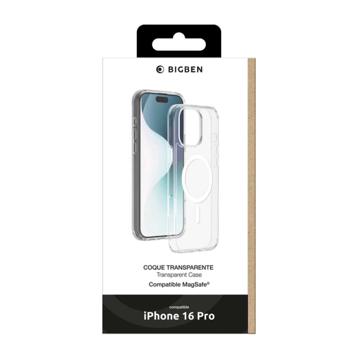 Scatola con una custodia trasparente per telefono e le parole "COQUE TRANSPARENTE" e "iPhone 16 Pro".