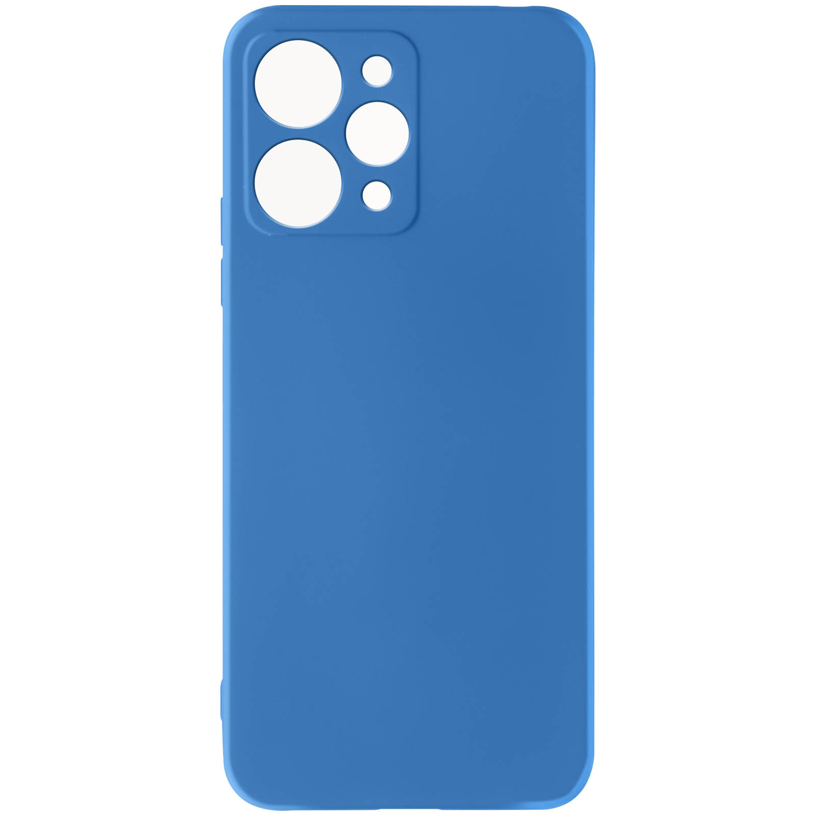 Custodia blu per telefono. La custodia ha più fori per la fotocamera. Il design è semplice.