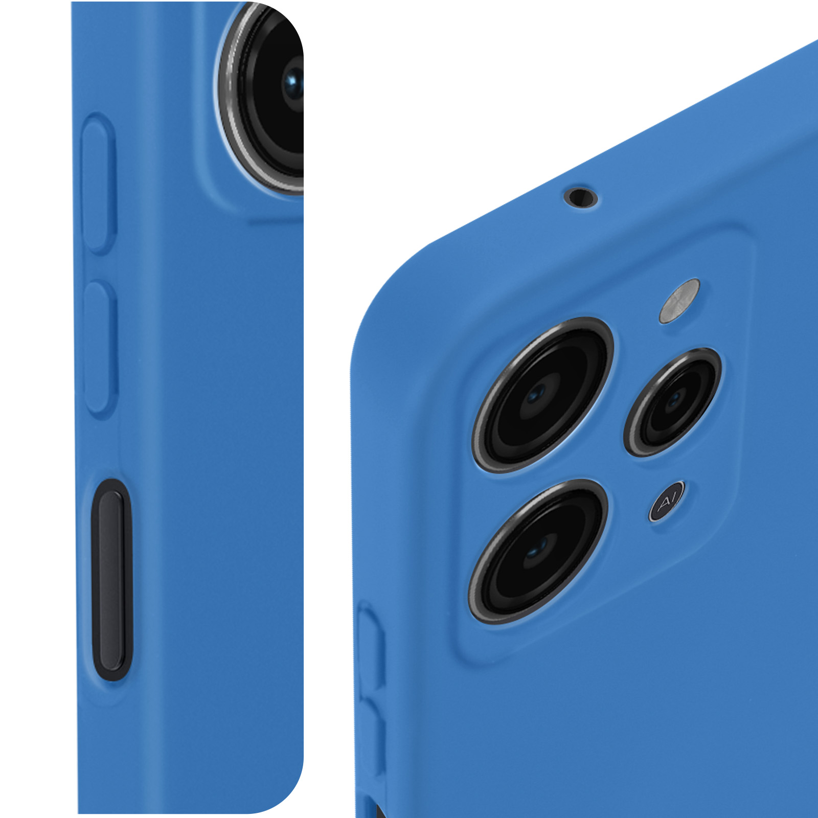 Custodia blu, che mostra il lato e il retro con modulo fotocamera e pulsanti.