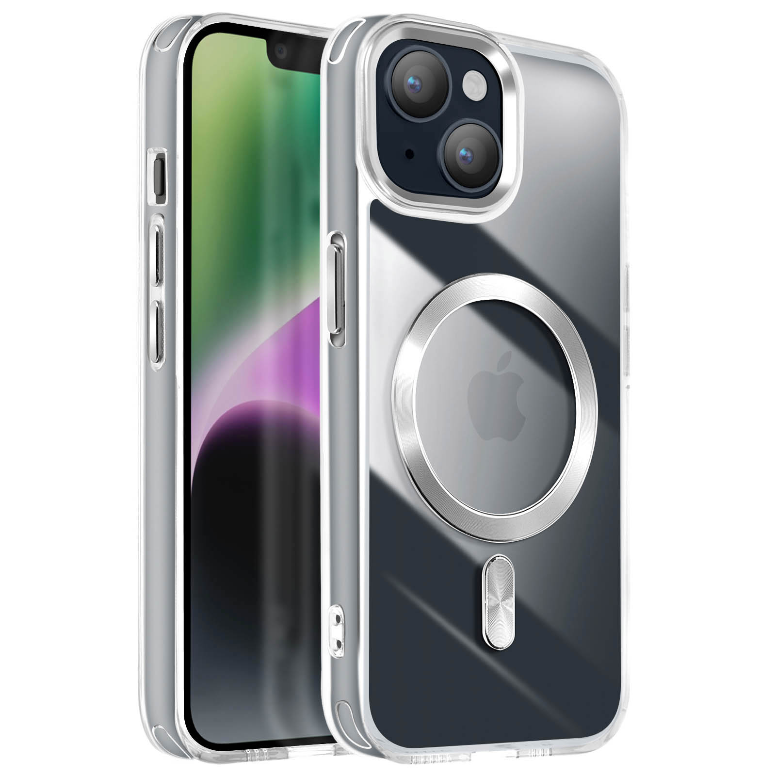 Custodia trasparente con dettagli argentati, logo Apple e fotocamera. Il telefono è dentro.