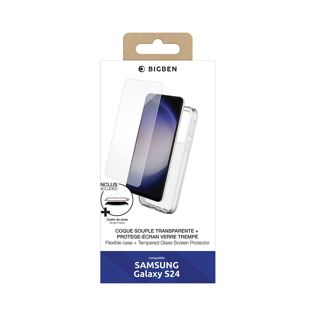 Scatola con custodia e protezione schermo per Samsung Galaxy S24.