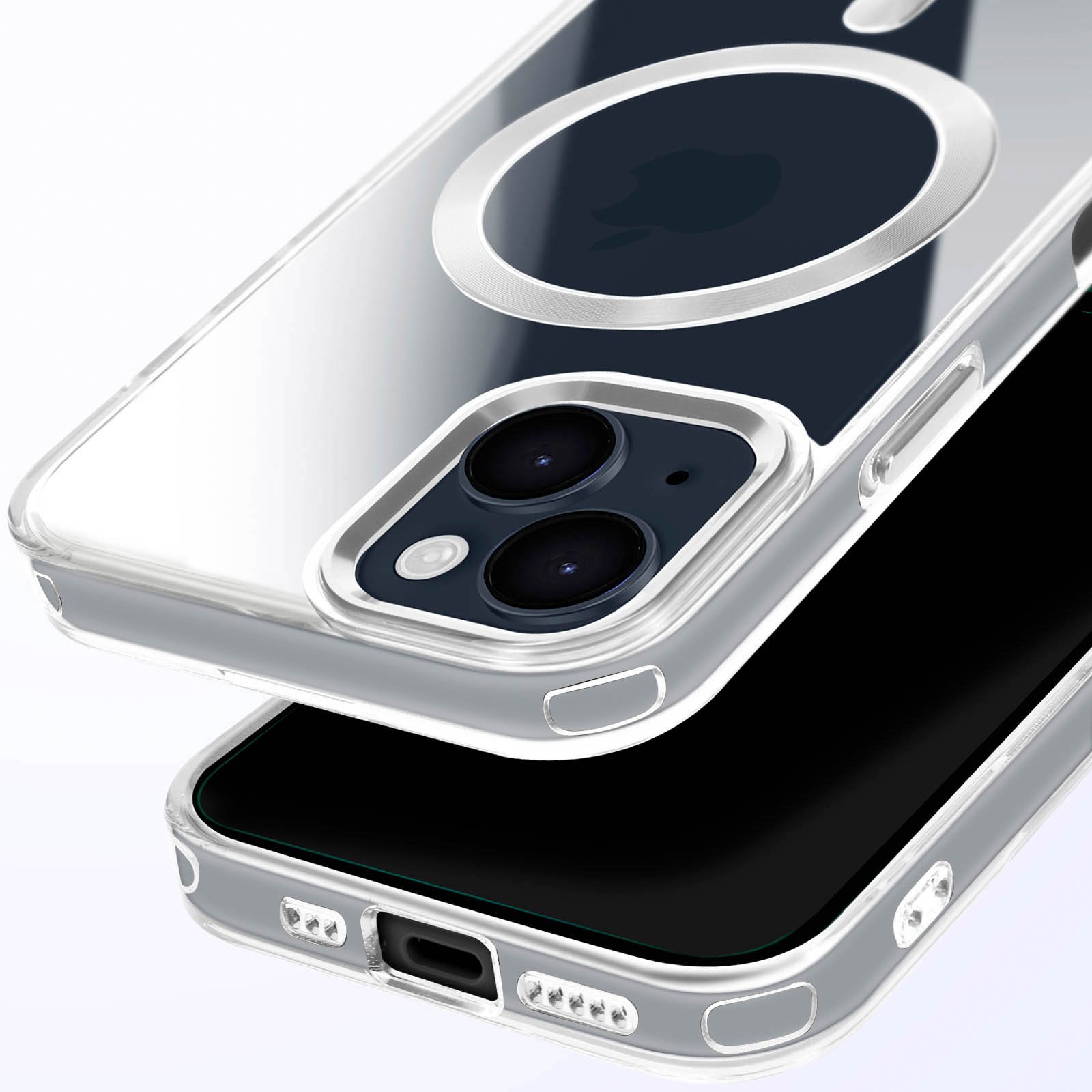 Custodia trasparente per telefono con anello magnetico e iPhone. La custodia è sopra il telefono.