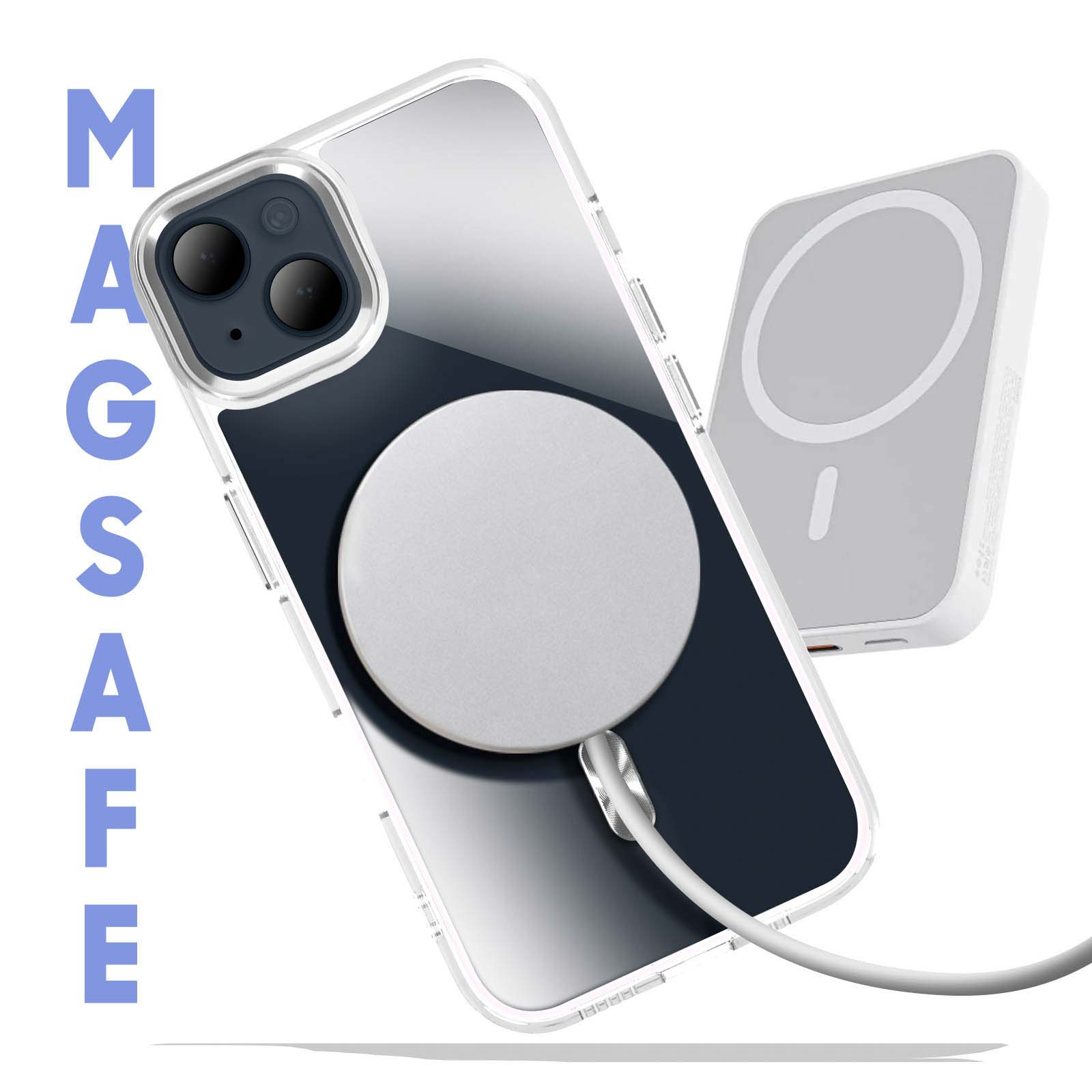 Custodia trasparente con caricatore MagSafe e telefono.