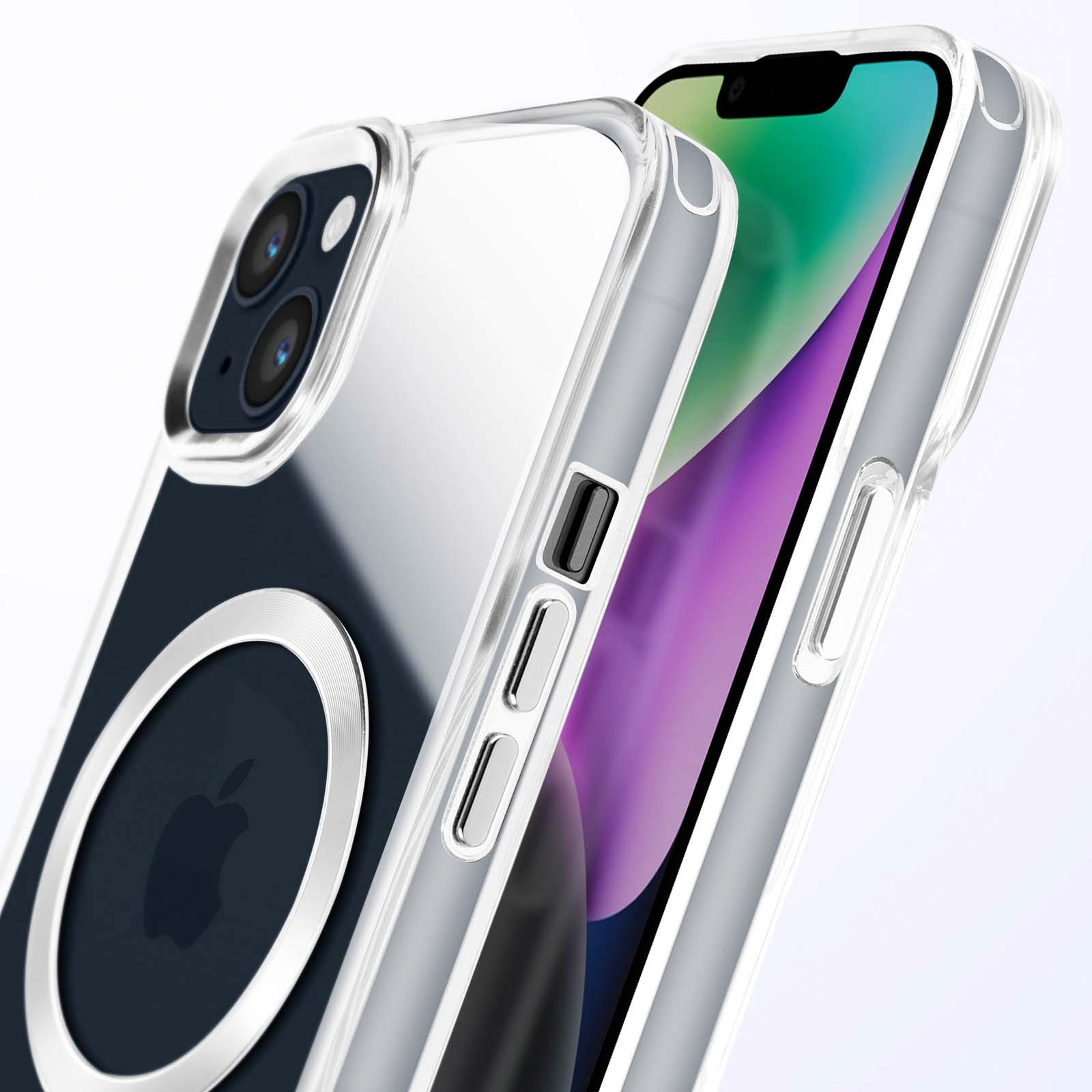 Custodia trasparente su un telefono, che mostra retro e lato. Logo Apple blu scuro.