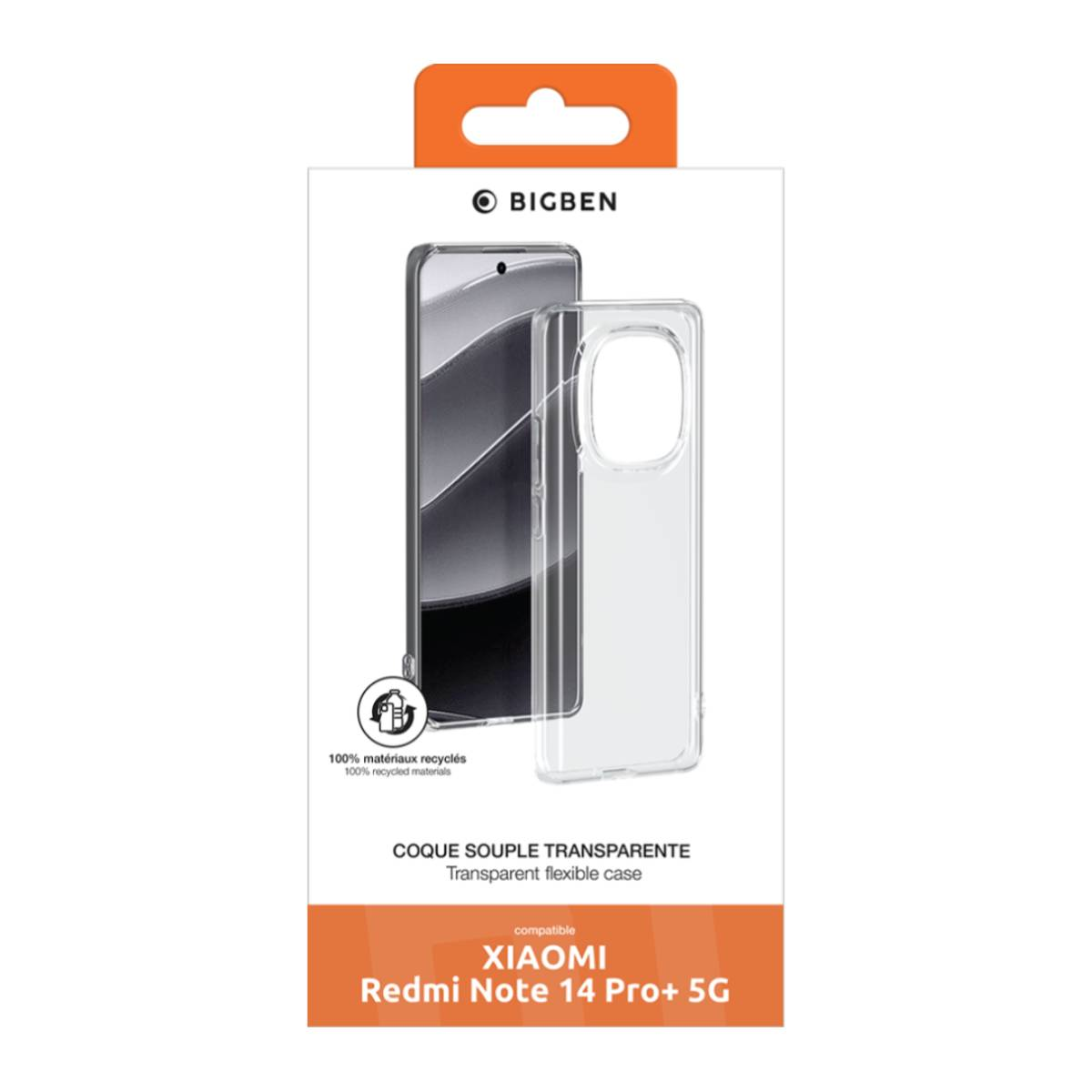 Weiß-schwarze Schachtel mit einer Handyhülle. Transparente Handyhülle für Xiaomi.