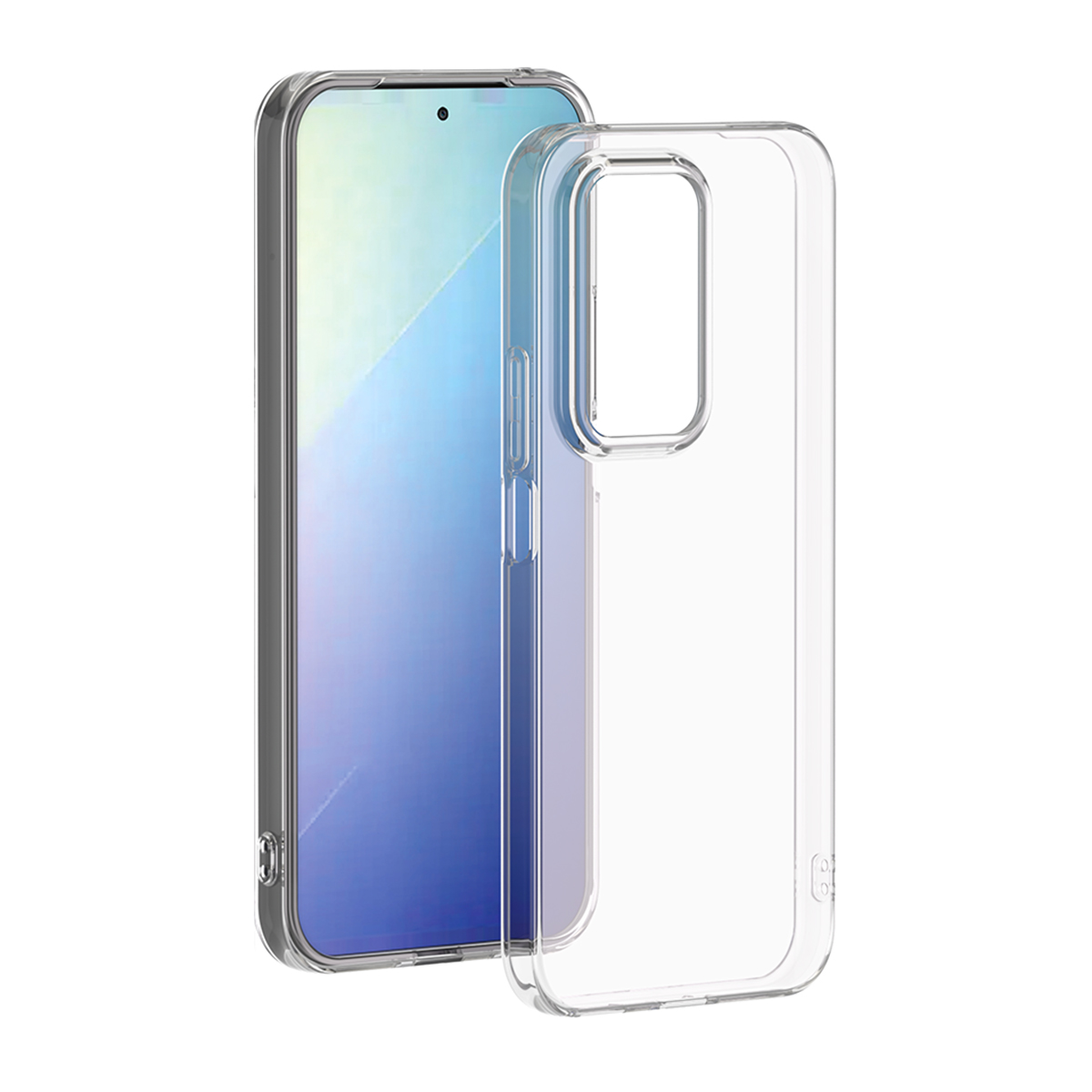 Custodia trasparente e telefono. La custodia è trasparente con un design.