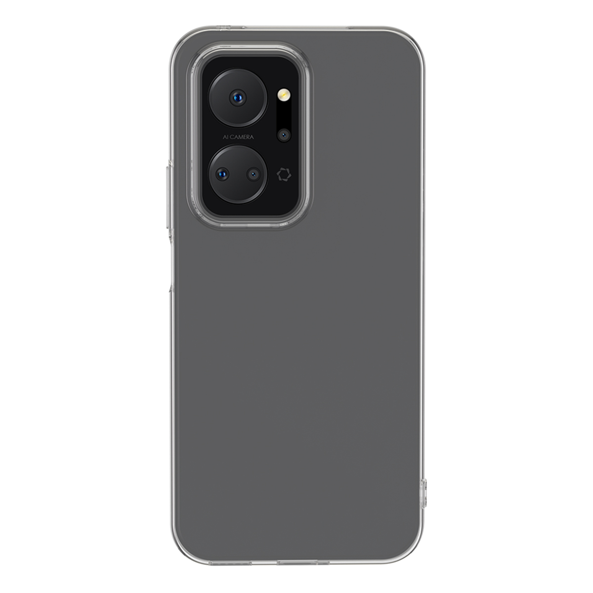 Custodia per telefono grigia con due fotocamere. Il telefono è all'interno. Sfondo bianco.