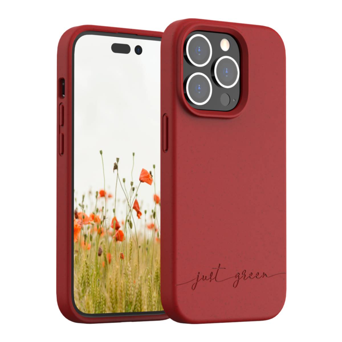 Rote Handyhülle mit einem Just-Green-Logo. Ein Telefon mit roten Mohnblumen im Hintergrund.