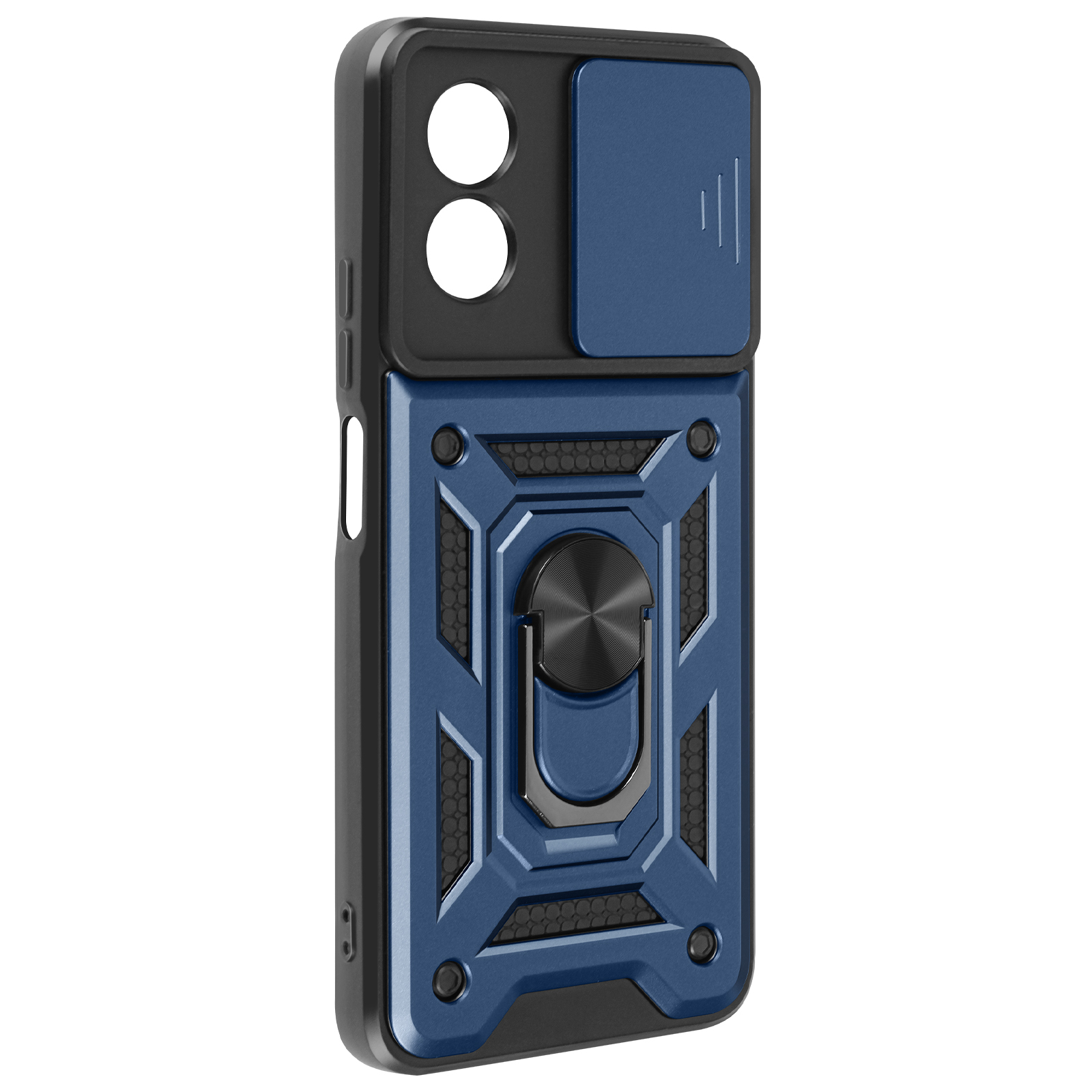 Blau-schwarze Handyhülle mit Ringhalter und Kameraabdeckung. Robustes Design.