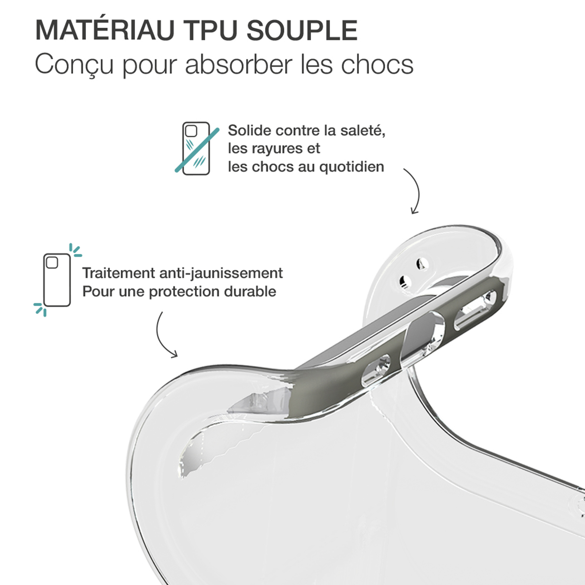 Custodia trasparente per telefono con testo, che mostra le caratteristiche della custodia. Piccolo testo e un contorno del telefono.