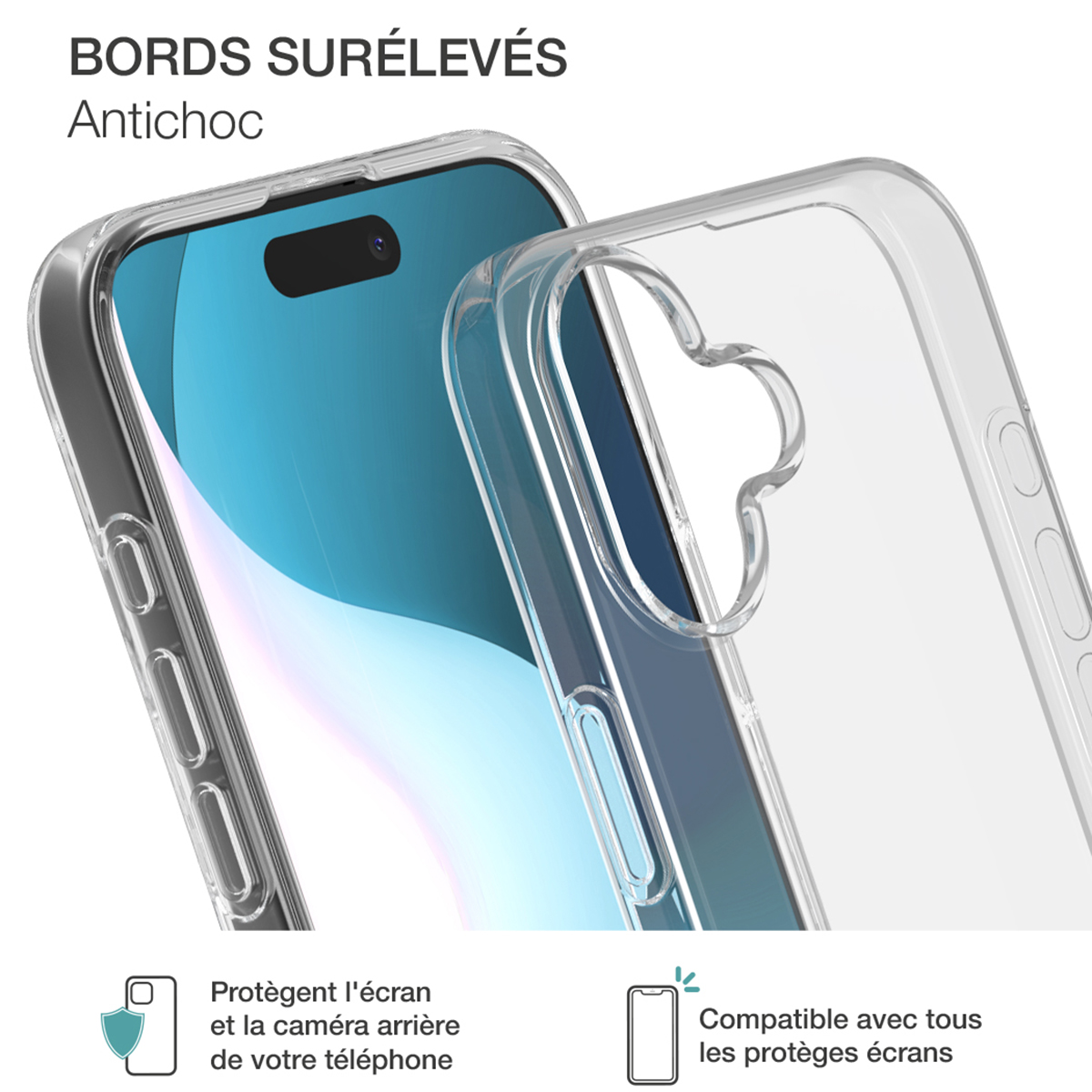 Custodia trasparente per telefono con testo e icone. Il testo dice 'Bords Sureleves' e 'Antichoc'.