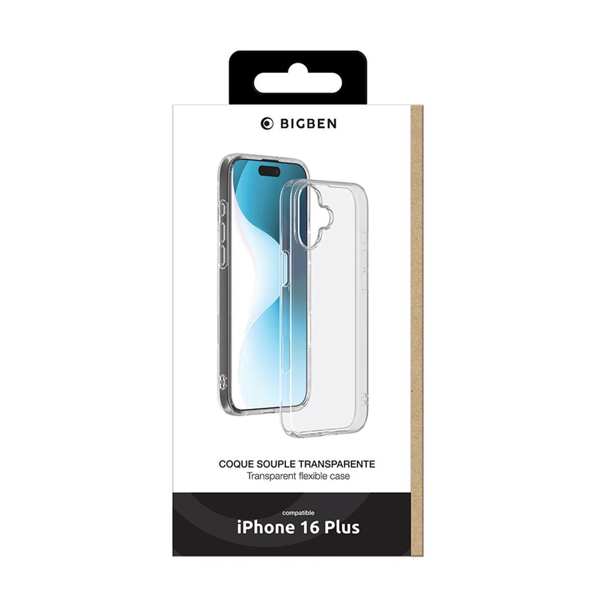 Custodia trasparente per iPhone 16 Plus in scatola. Marchio BIGBEN. Sfondo bianco.