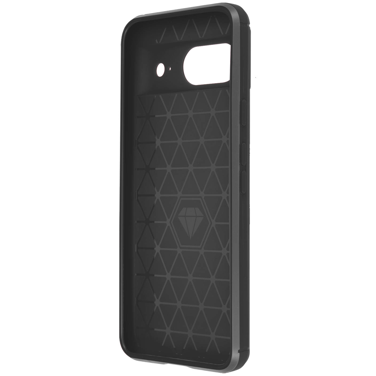 Zwarte binnenkant van de telefoonhoes met geometrisch ontwerp. De hoes heeft een diamantlogo.