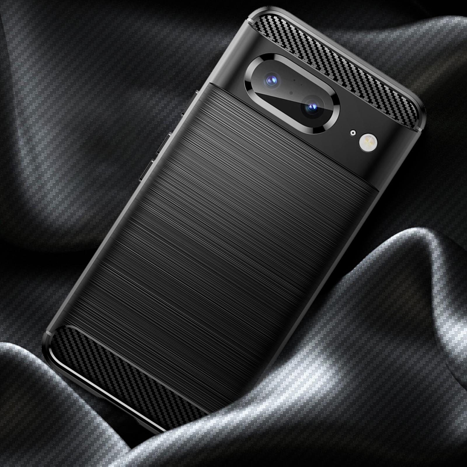 Zwarte telefoonhoes met een textuurpatroon op een reflecterend oppervlak.