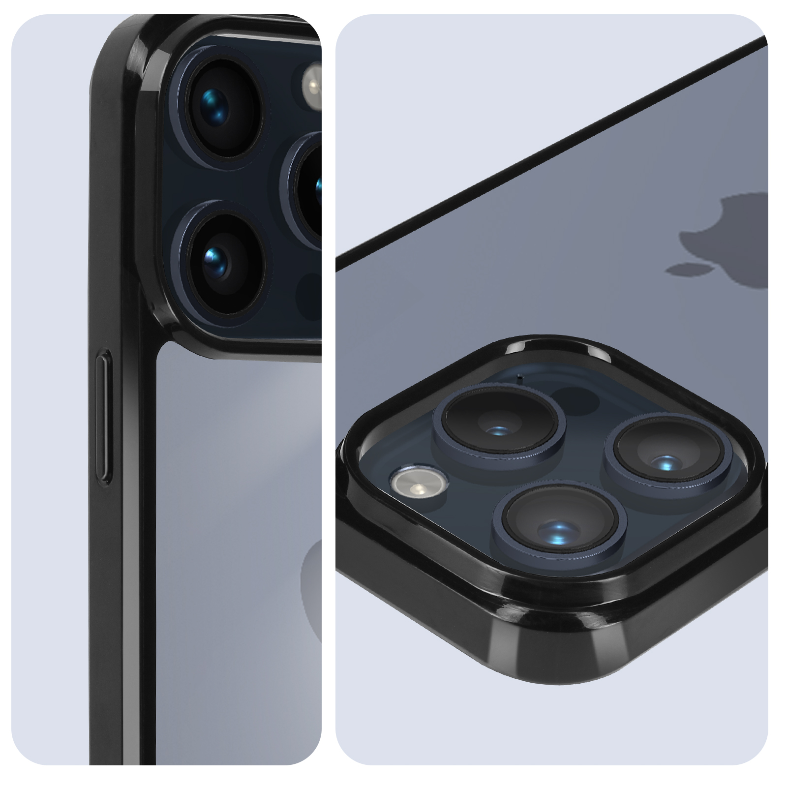 Custodia per telefono con rialzo per la fotocamera. La custodia è nera con retro trasparente. Il telefono è scuro.