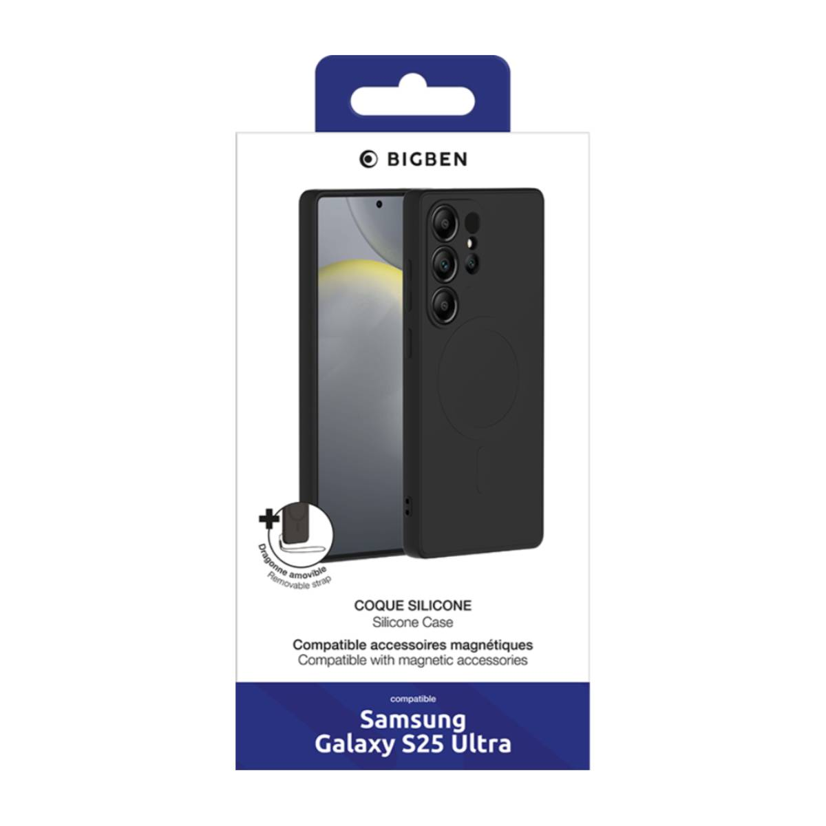 Scatola di custodia nera per telefono. C'è scritto "Silicone Case" e "Samsung Galaxy S25 Ultra".