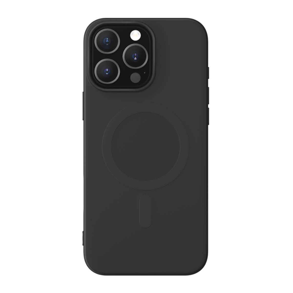 Custodia nera per telefono con lenti della fotocamera e rientro circolare.