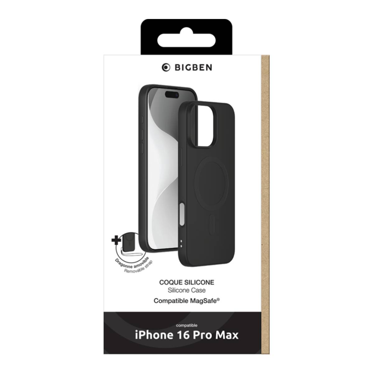 Custodia nera per telefono in una scatola. La scatola mostra un telefono con custodia nera. Compatibile con iPhone.