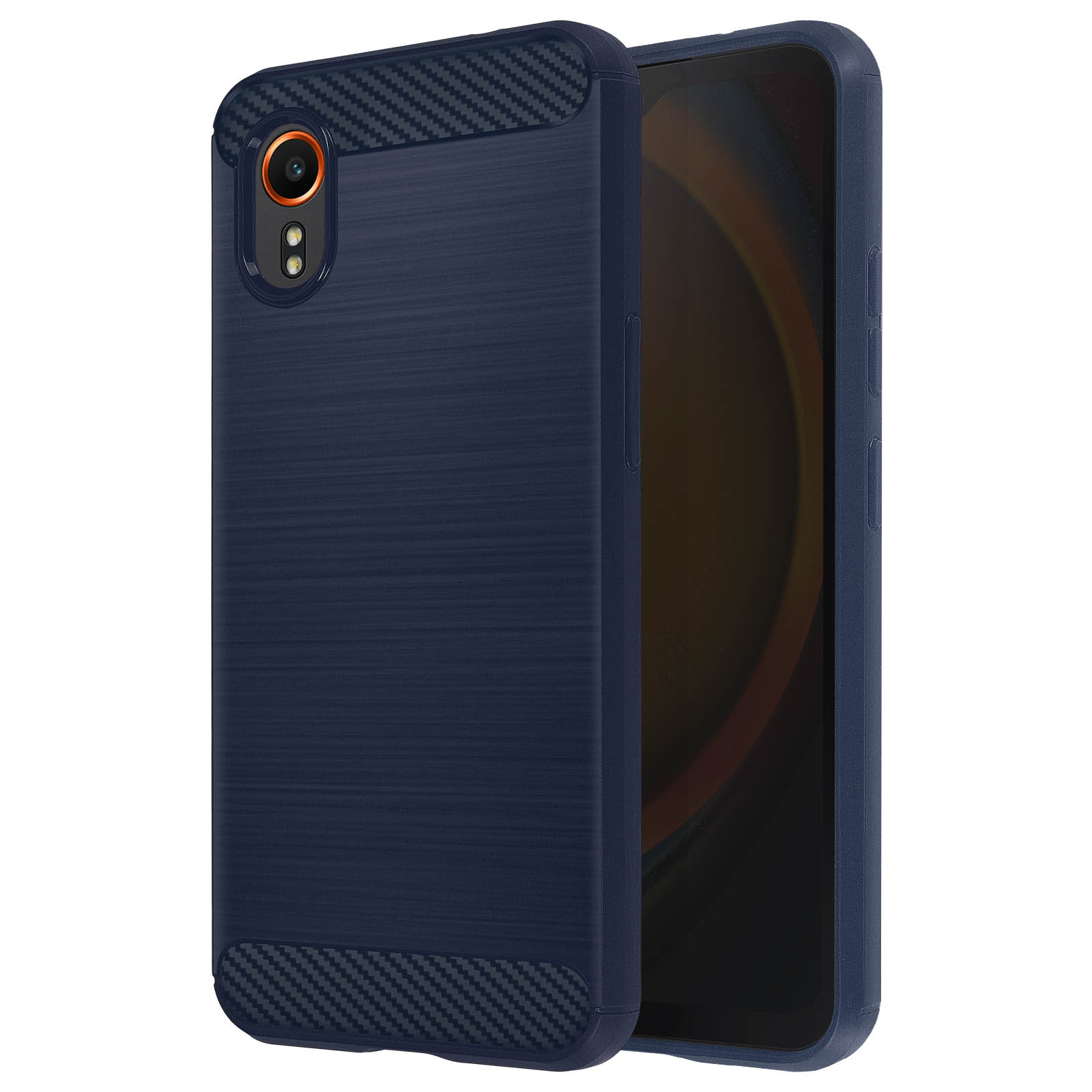 Custodia per telefono blu navy con motivo strutturato e dettagli in fibra di carbonio nera. Sfondo bianco.
