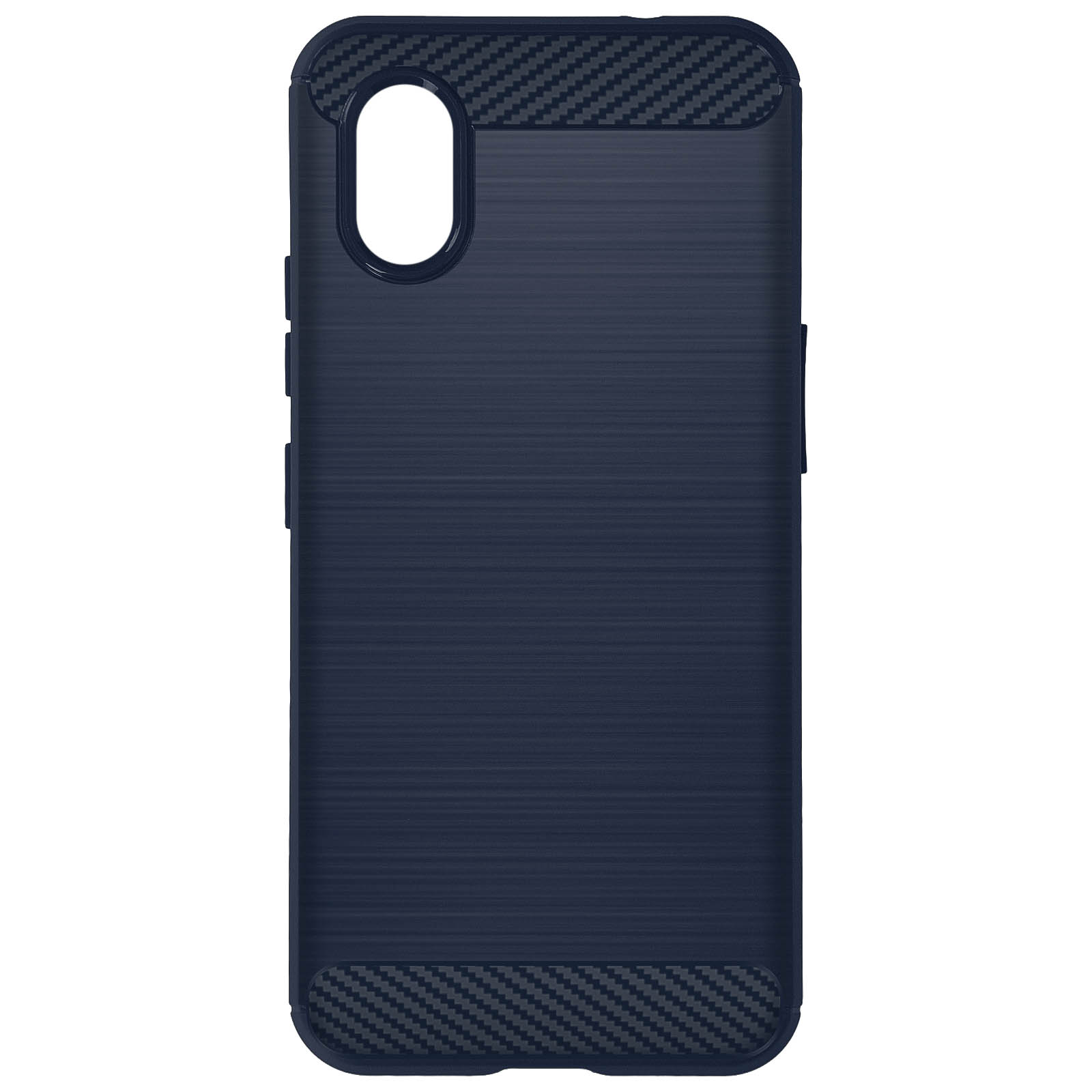 Custodia blu navy con design in fibra di carbonio sopra e sotto.