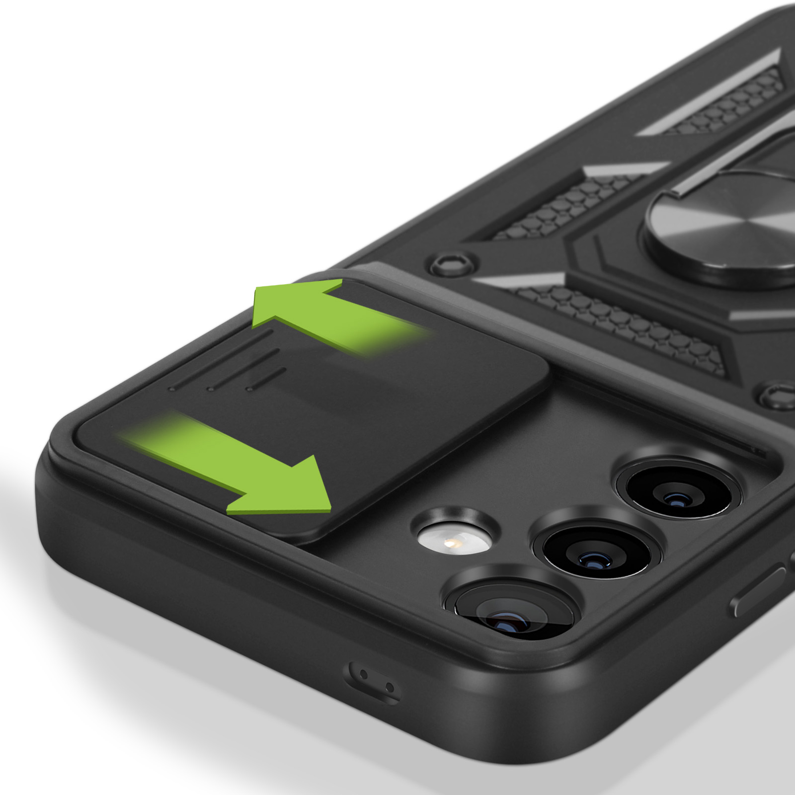Custodia nera per telefono con copertura scorrevole per fotocamera e frecce che ne indicano il movimento.