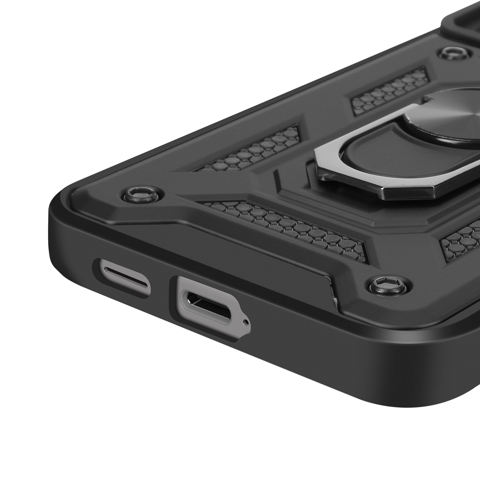 Dettaglio di custodia nera per telefono con porte, anello metallico e design strutturato con motivi esagonali.