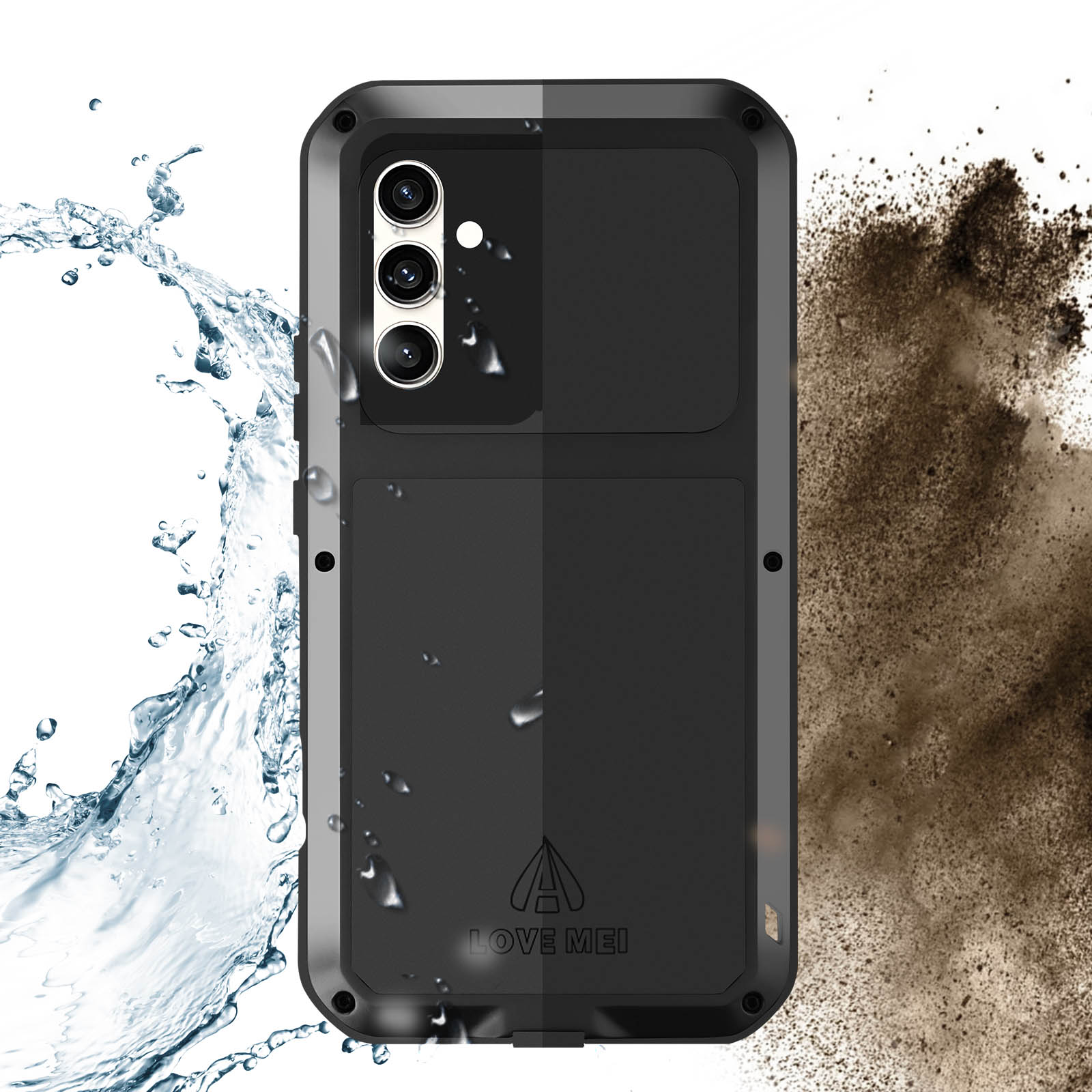 Custodia nera con effetti acqua e polvere, che mostra il logo Love Mei.