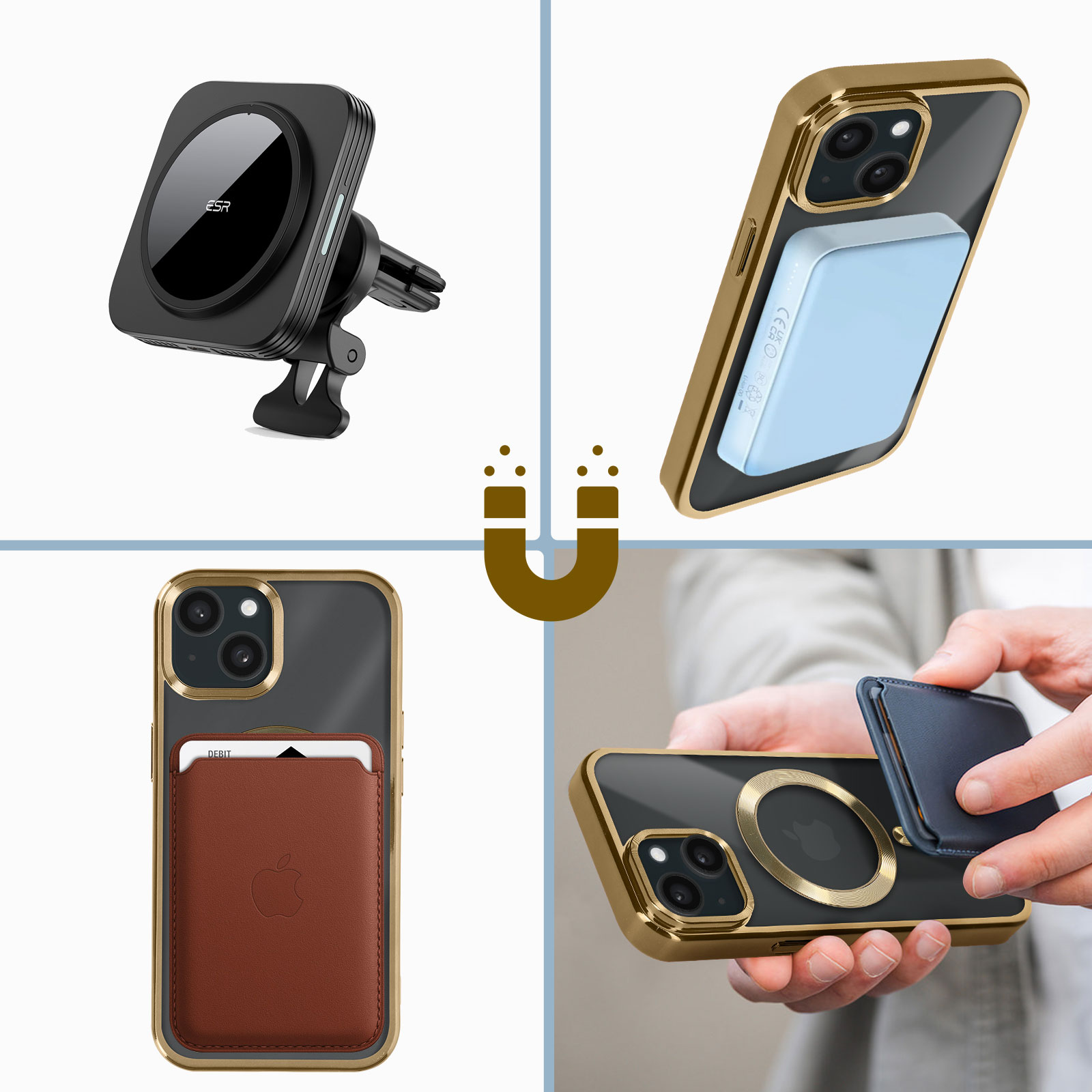 Collage di accessori per telefoni: supporto per auto, base di ricarica, porta carte e telefono.