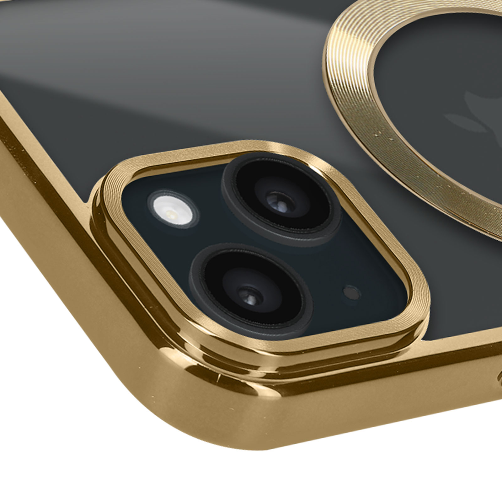 Custodia dorata per telefono con fotocamera e anello, primo piano.