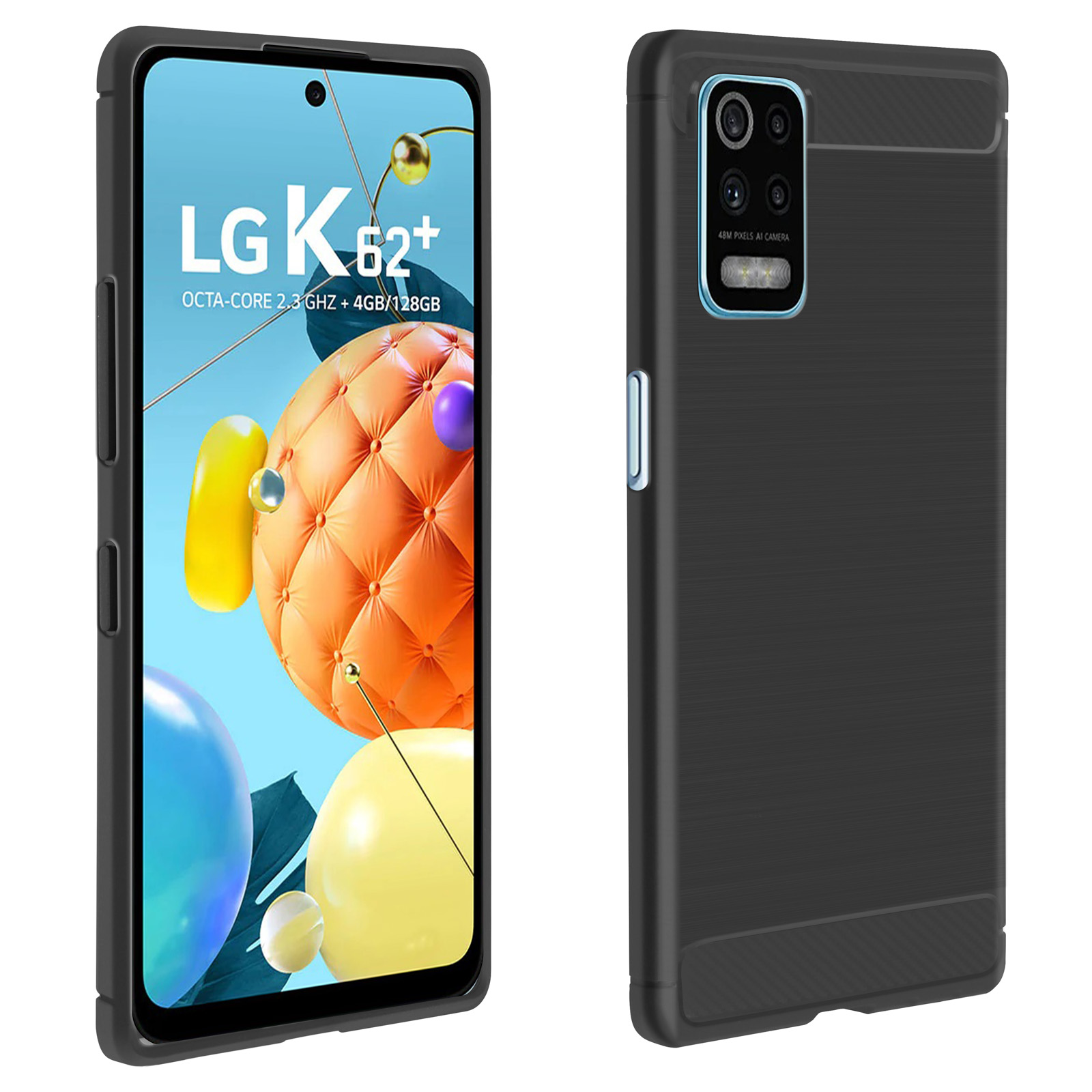 Due telefoni: uno con info LG K62+, l'altro con una custodia nera. Entrambi i telefoni sono uno accanto all'altro.