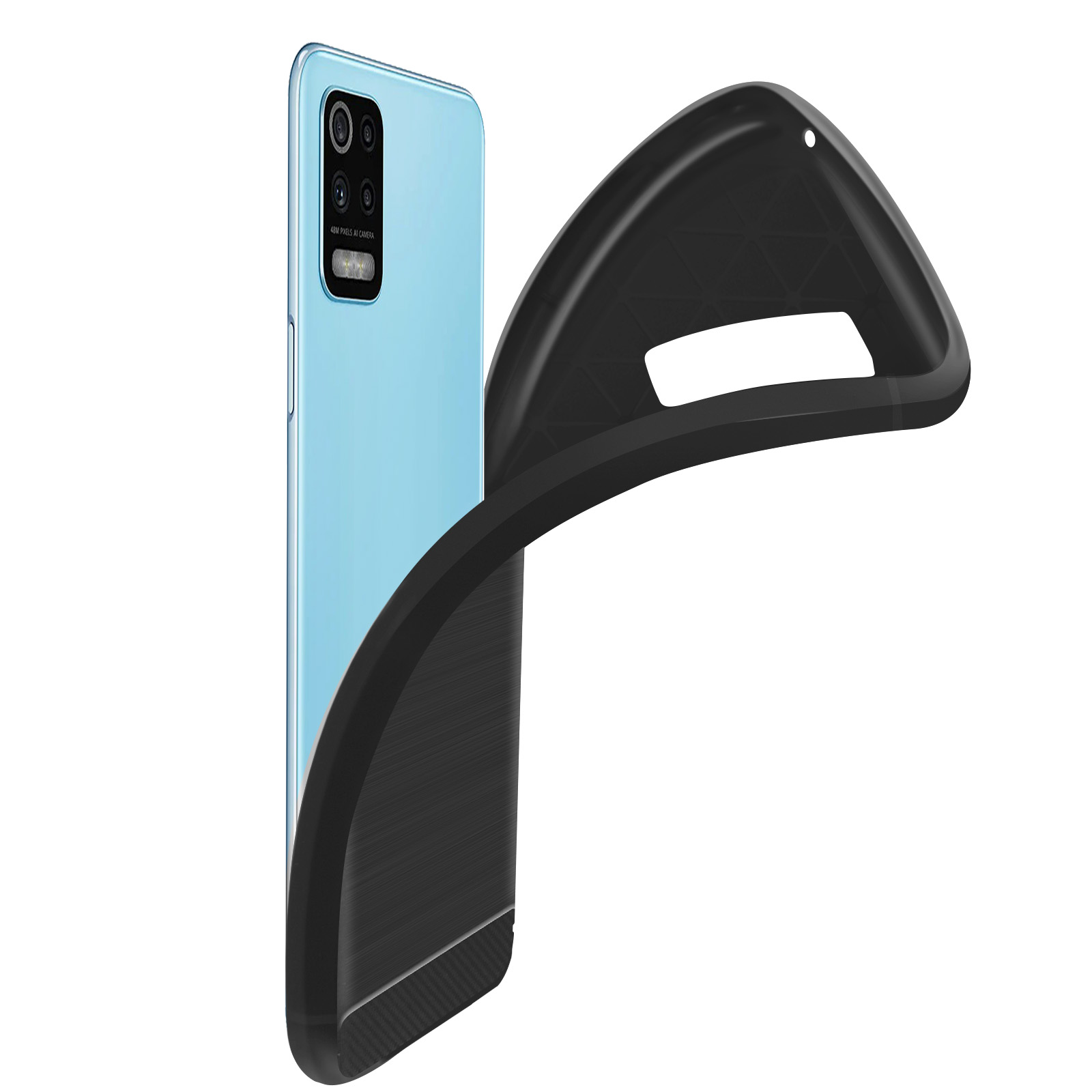 Un telefono con custodia nera viene rimosso. Il telefono è blu con custodia nera.
