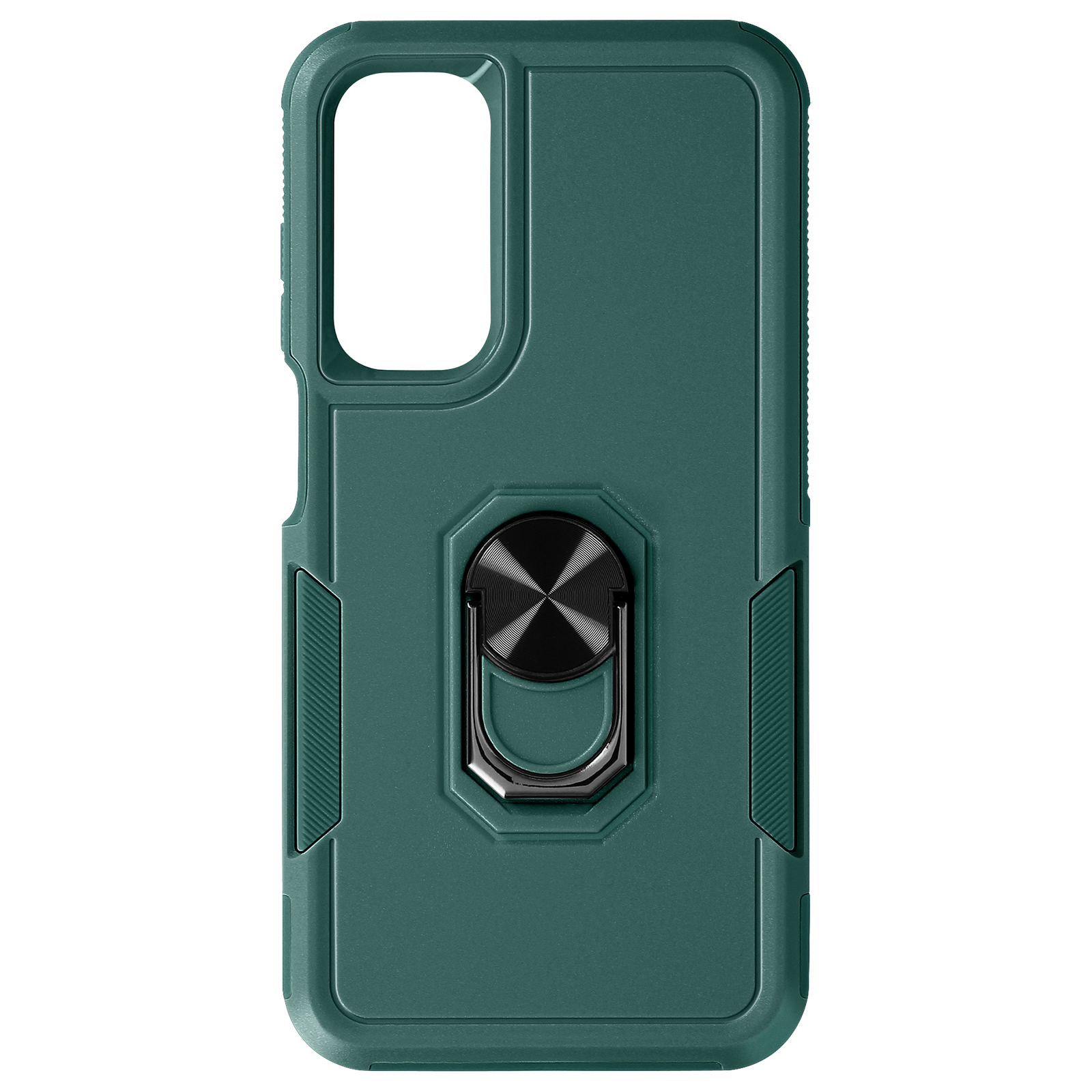 Funda verde para teléfono con agujero para cámara, anillo. Verde y negro.