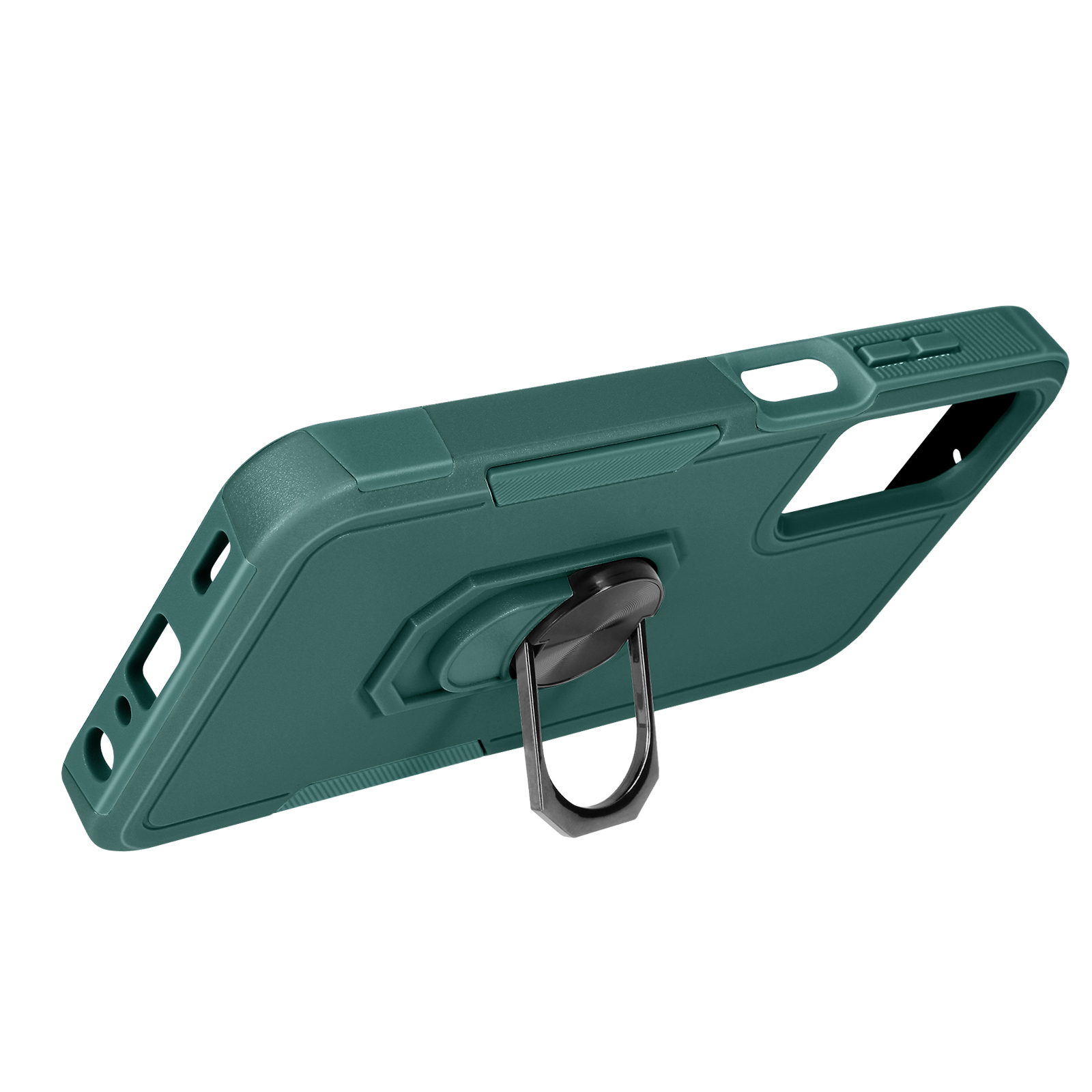 Funda de teléfono verde con soporte de anillo. La funda se ve en ángulo con el anillo abierto.
