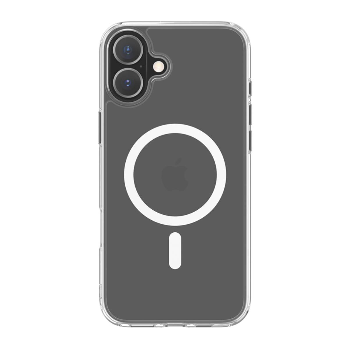 Custodia trasparente per telefono con cerchio bianco e simbolo meno su sfondo grigio.