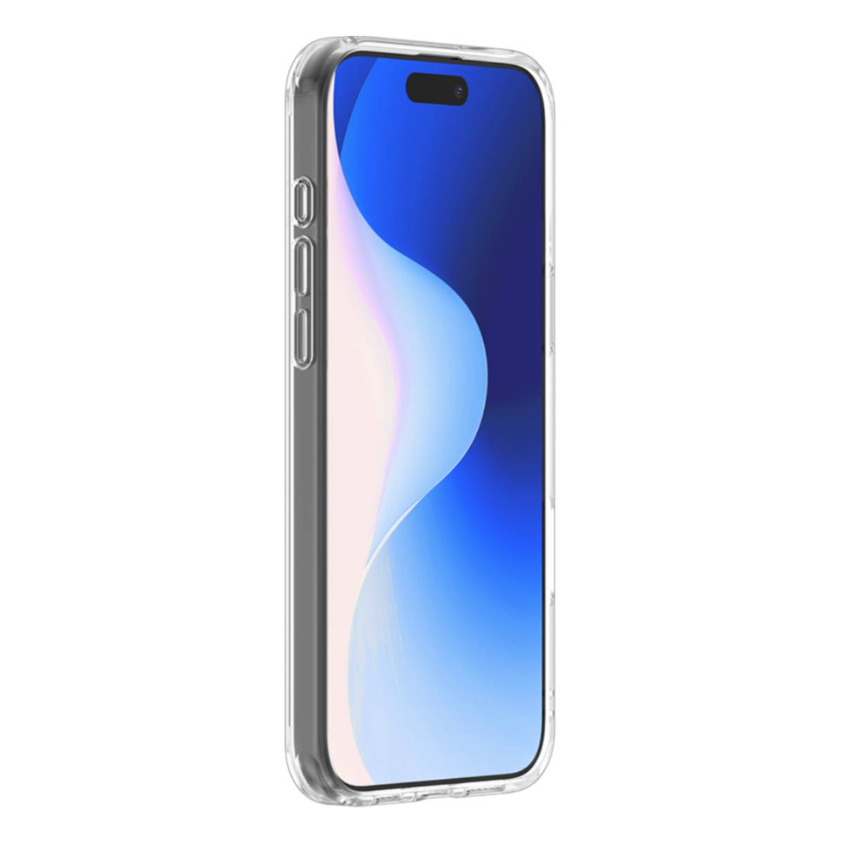 Un telefono in una custodia trasparente. Lo schermo mostra un design blu e bianco.