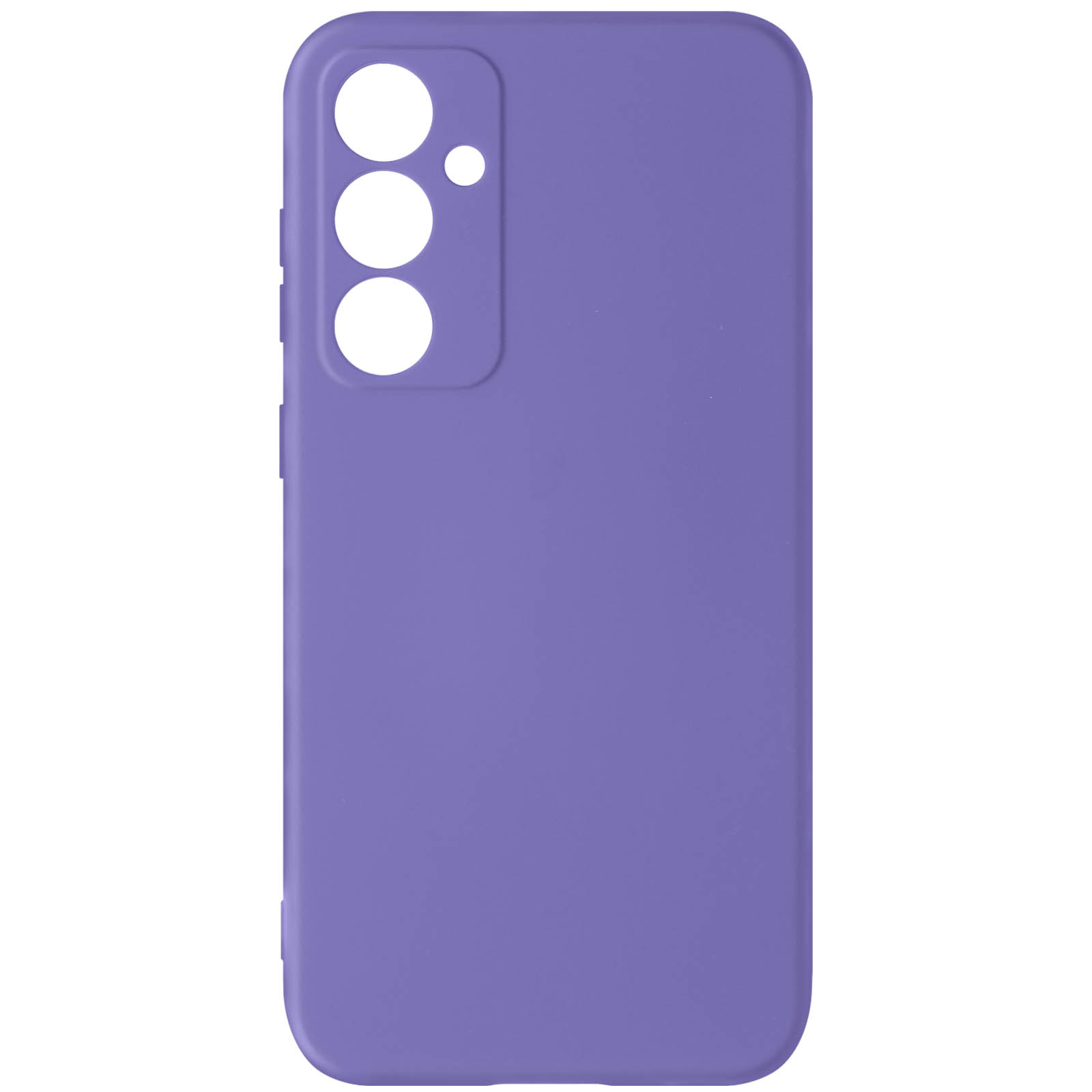 Custodia viola. Tre ritagli per fotocamera, pulsanti laterali, design semplice.