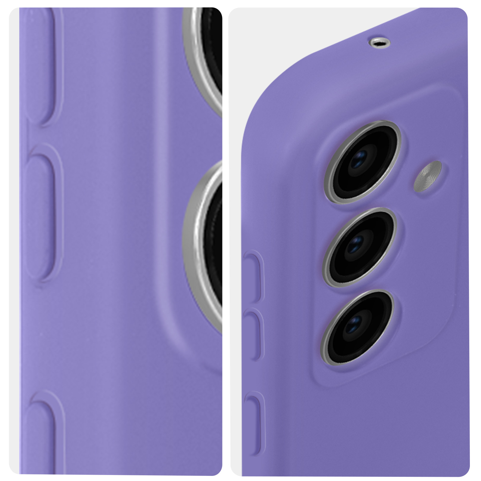 Primo piano di una custodia per telefono viola, con gli obiettivi della fotocamera visibili.