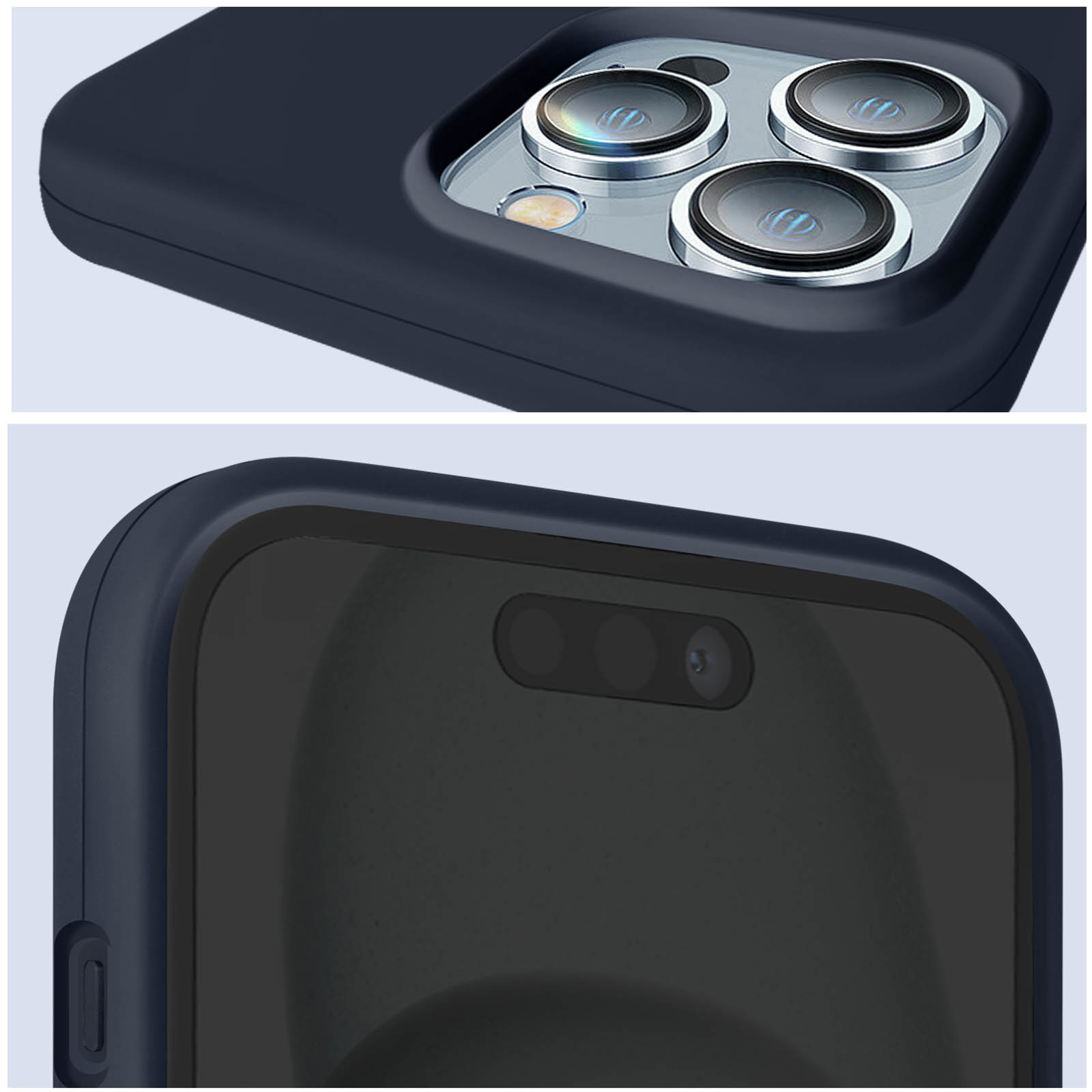 Nahaufnahme eines Telefons mit dunkelblauer Hülle, zeigt Kameralinsen und eine Notch.