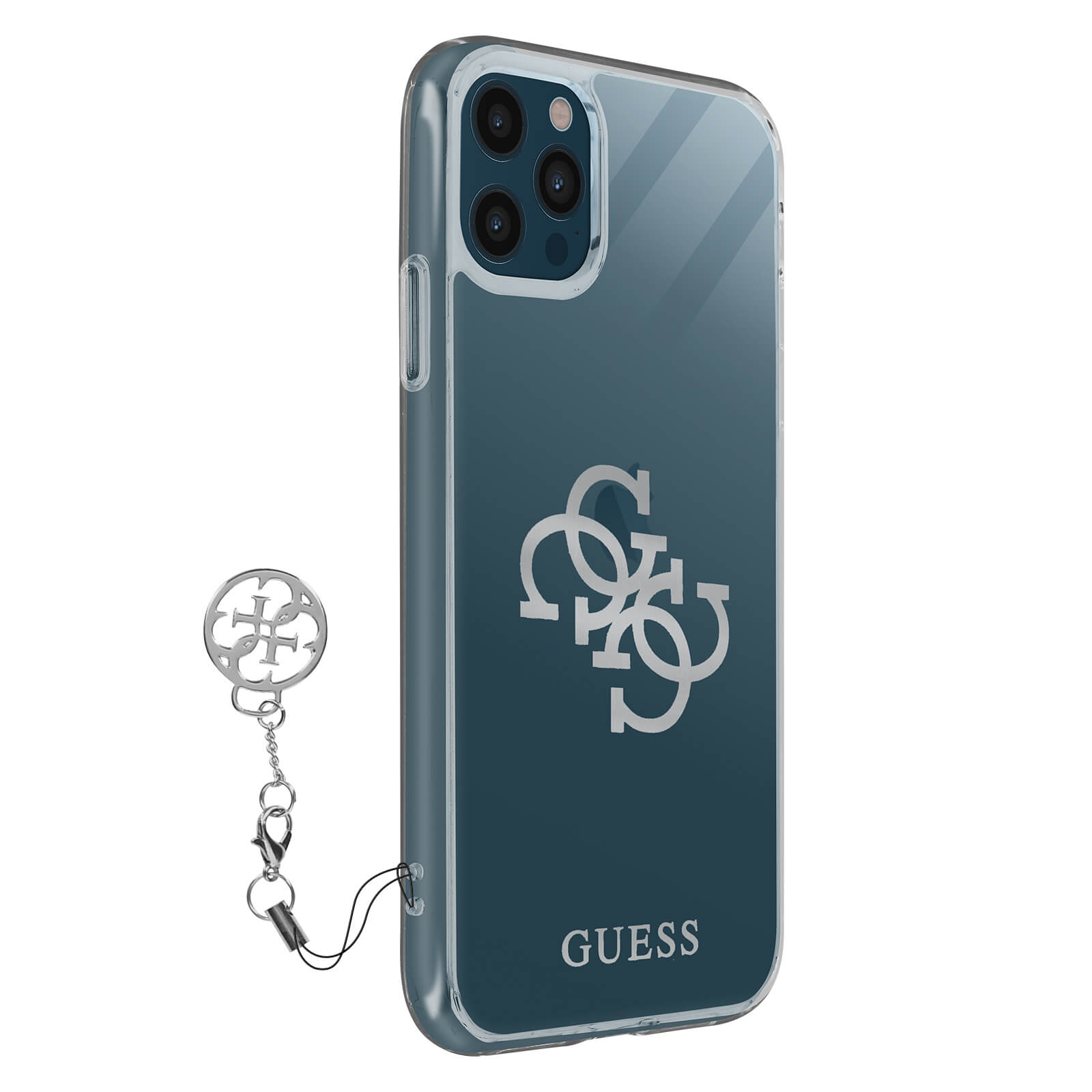 Custodia trasparente con logo Guess, ciondolo attaccato. Sfondo bluastro.
