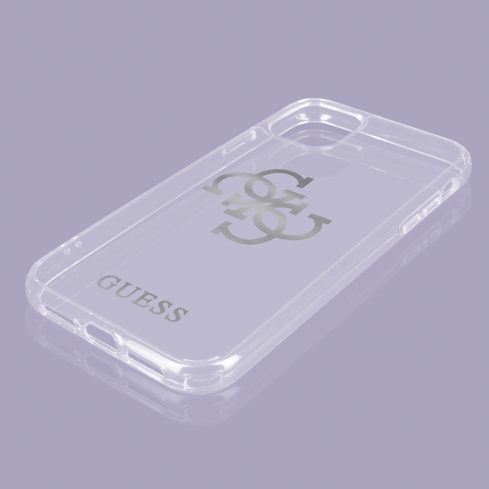 Custodia per telefono trasparente con logo Guess. Il logo è argentato e al centro della custodia.