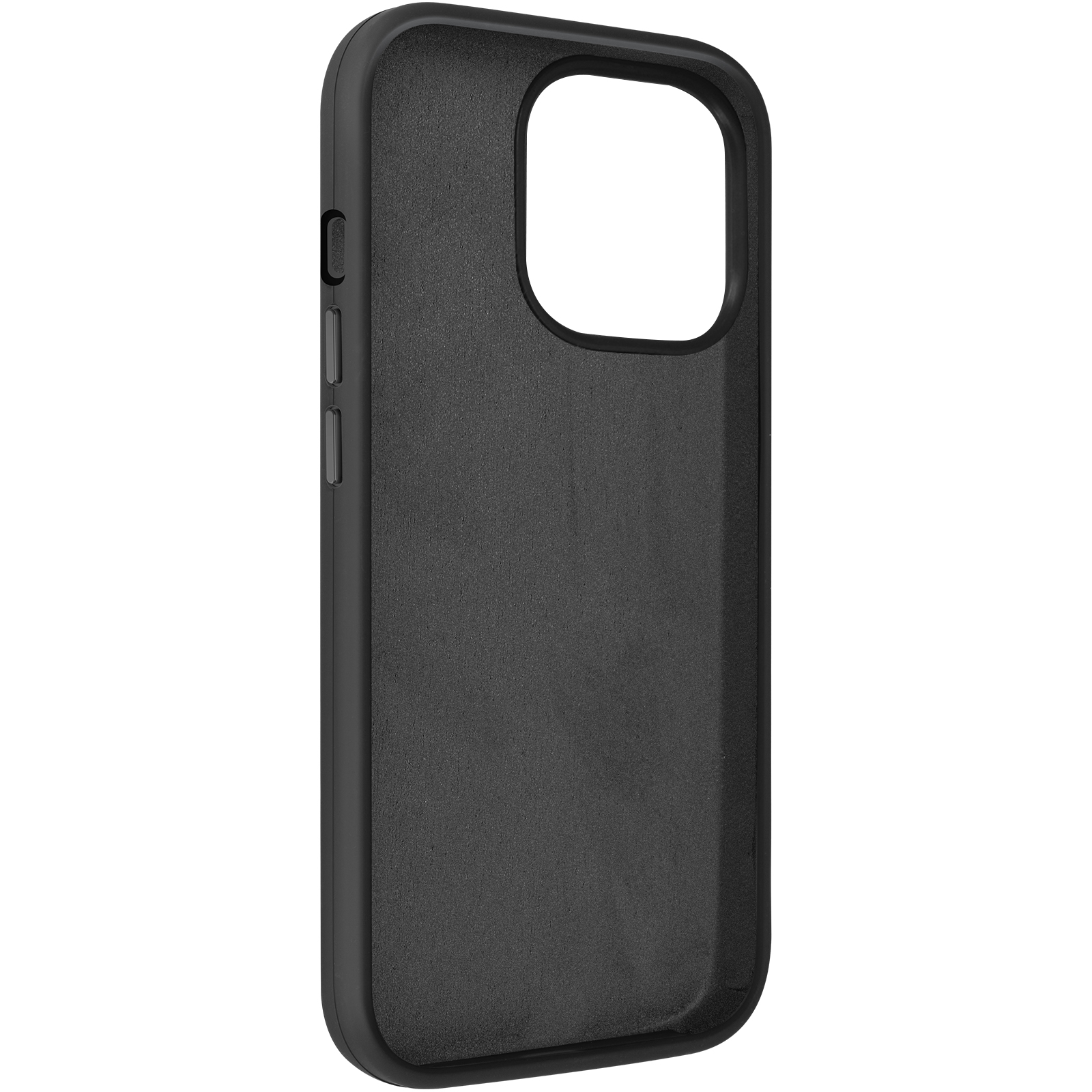 Custodia nera per telefono. Vista interna. Nero pieno. Sfondo bianco.