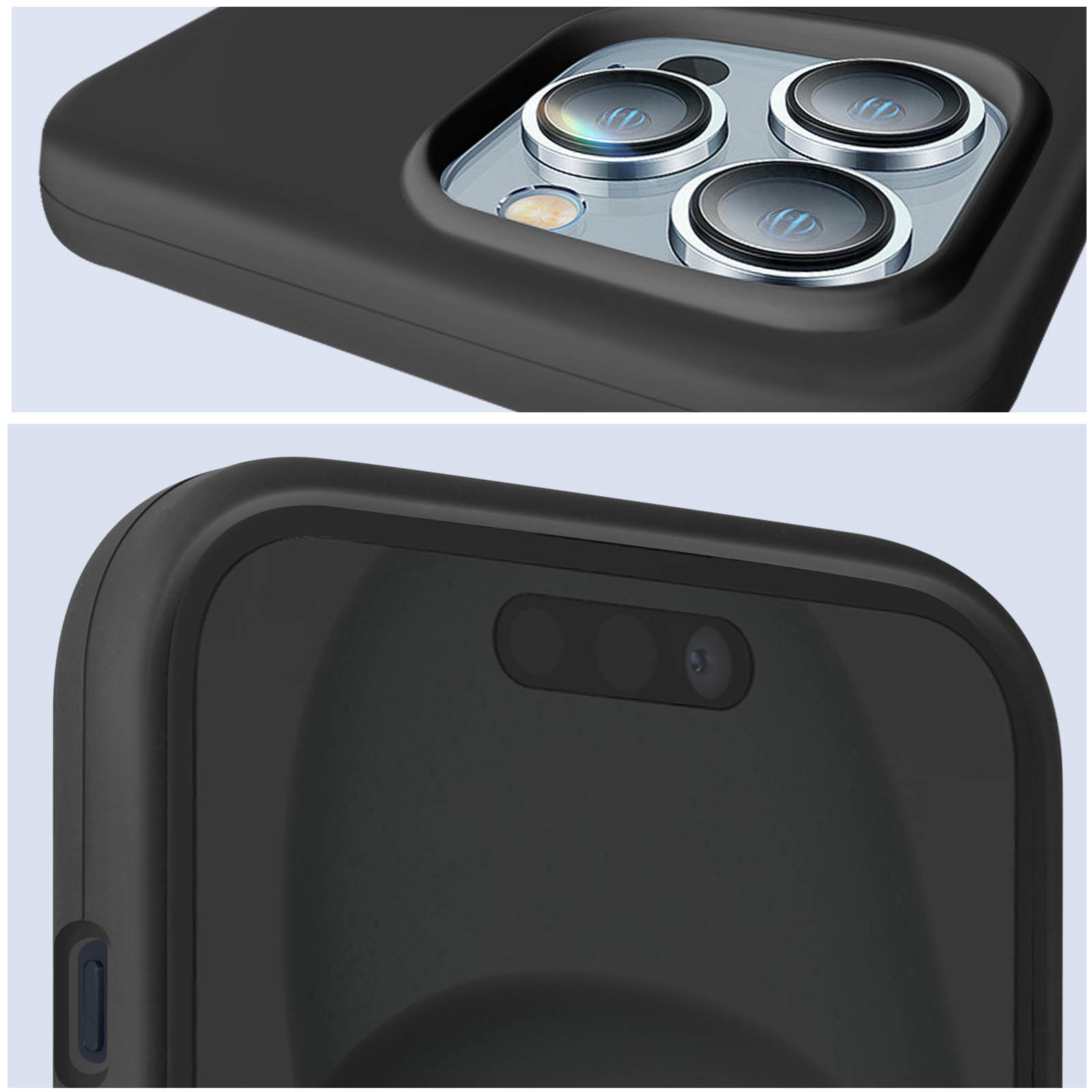Primi piani di una custodia nera per telefono con obiettivi della fotocamera e bordo superiore.