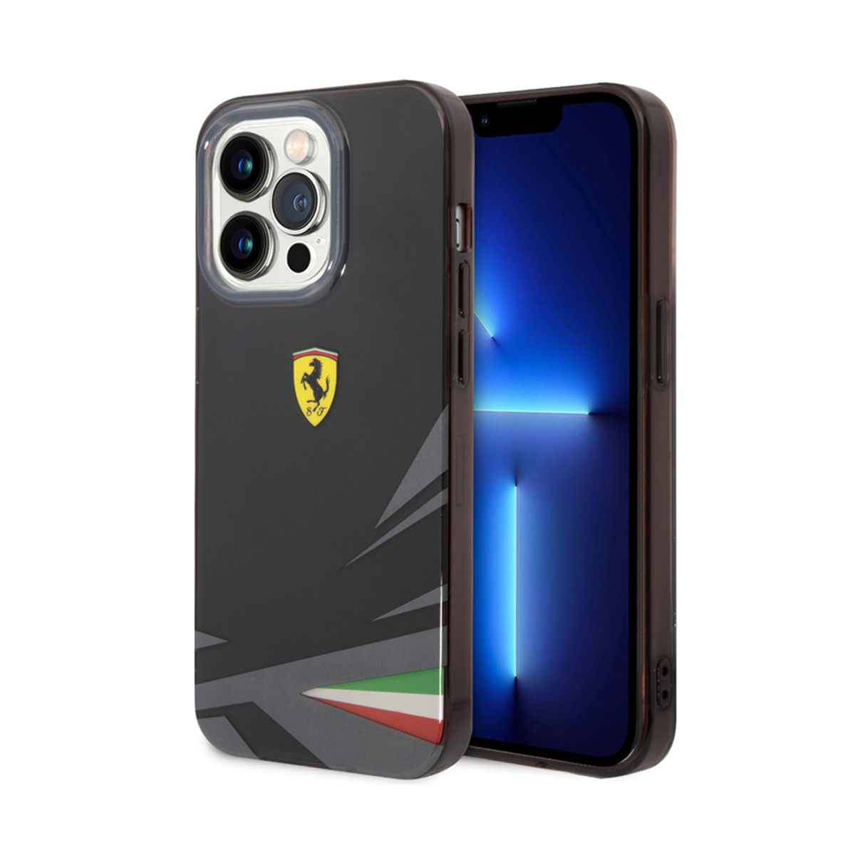 Custodia nera per telefono con logo Ferrari, telefono all'interno e sfondo bianco.