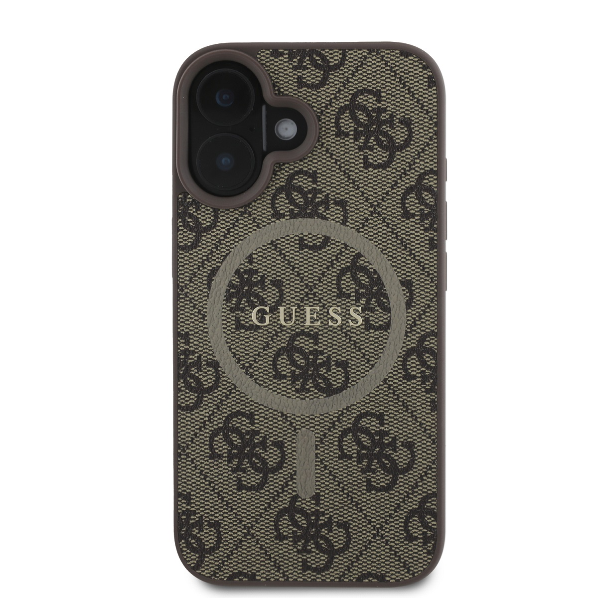 Custodia GUESS con motivo a logo ripetuto e ritagli per la fotocamera. La custodia ha un anello.
