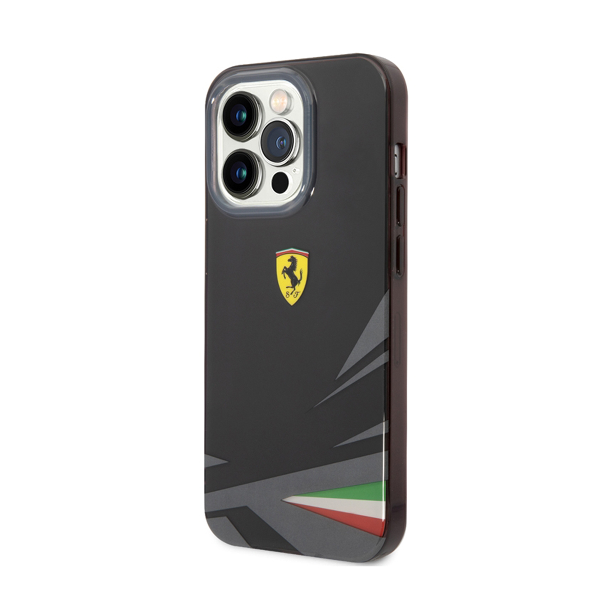 Custodia nera per telefono con logo Ferrari e design a strisce da corsa. Primo piano.