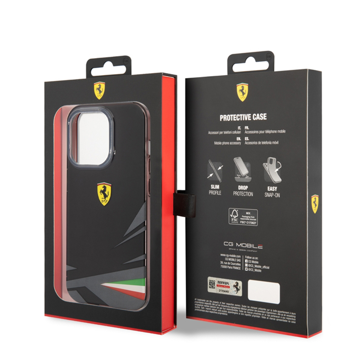 Custodia nera Ferrari in scatola. Logo, colori e design sottile. Scatola con info custodia protettiva.