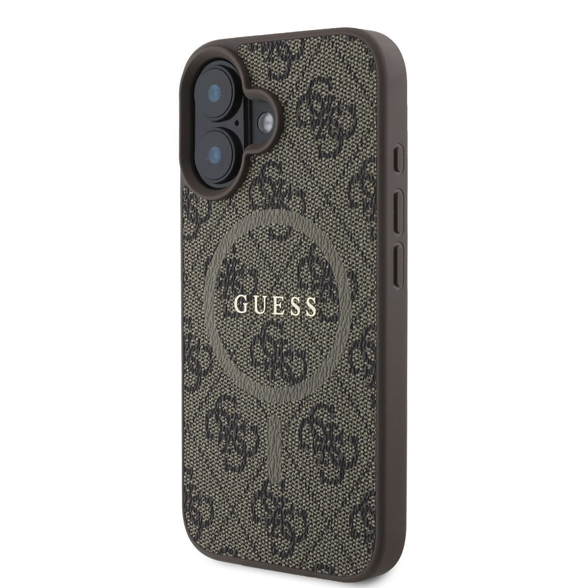 Custodia per telefono con motivo logo Guess. Colori marrone e grigio. Un telefono all'interno.